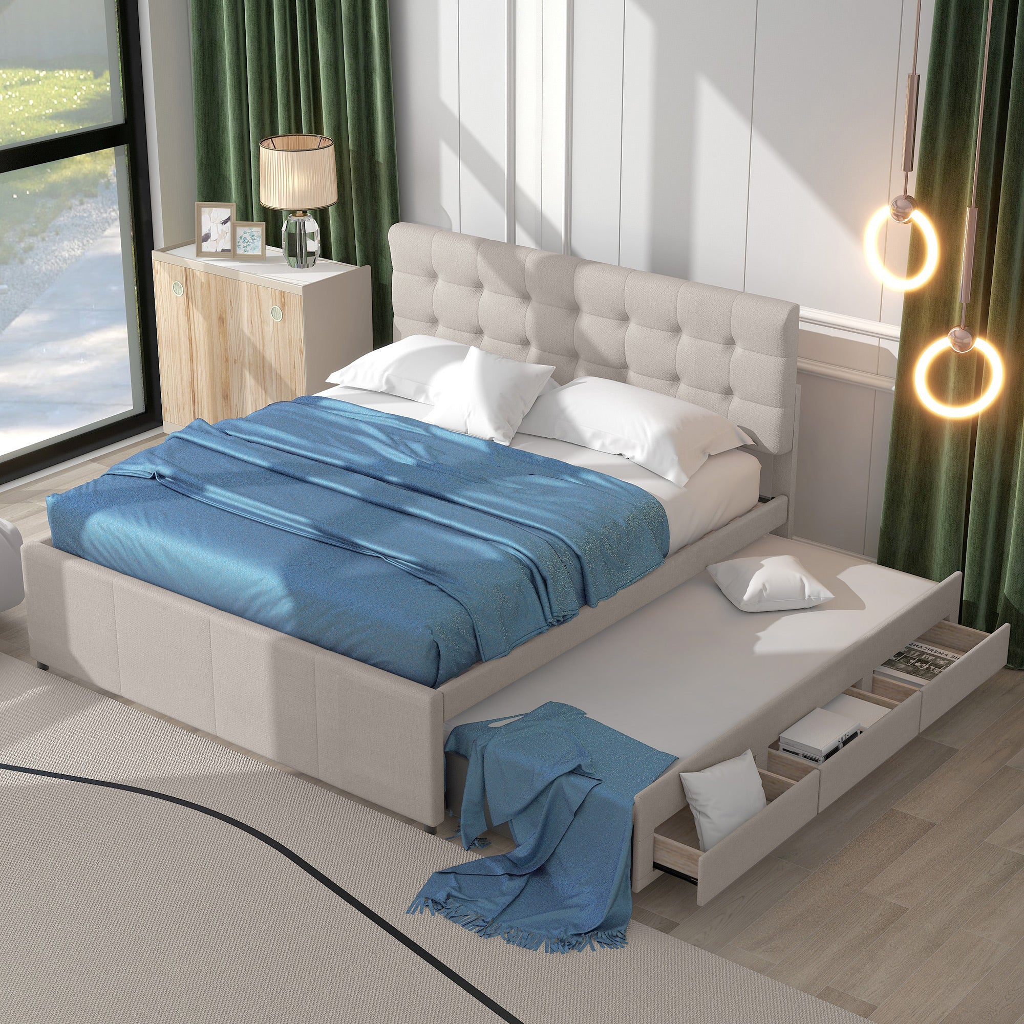 Polsterbett 140x200cm Doppelbett, Familienbett Bett mit drei Schubladen, ausziehbares Bett, Verstellbares Kopfteil, Leinen Beige