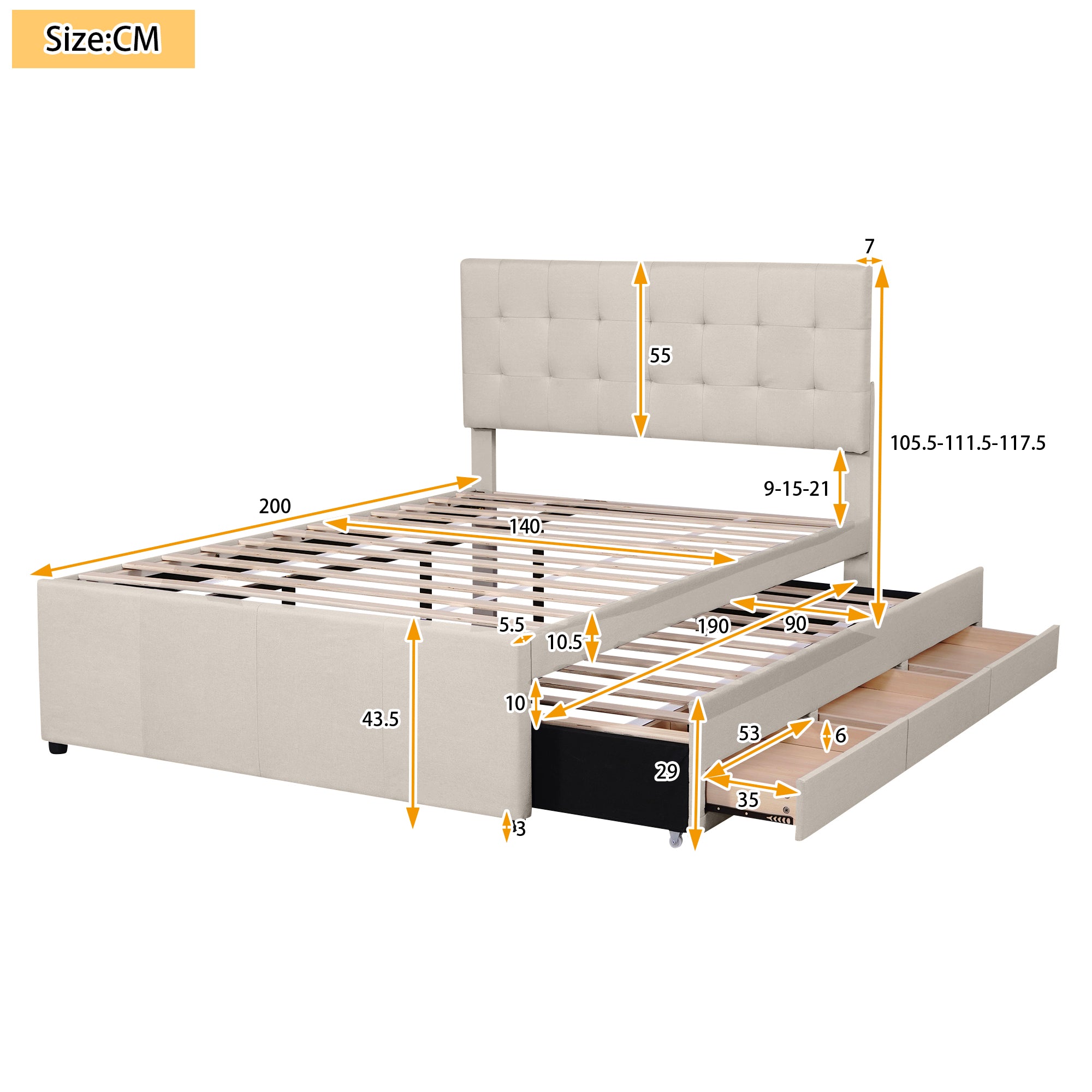Polsterbett 140x200cm Doppelbett, Familienbett Bett mit drei Schubladen, ausziehbares Bett, Verstellbares Kopfteil, Leinen Beige