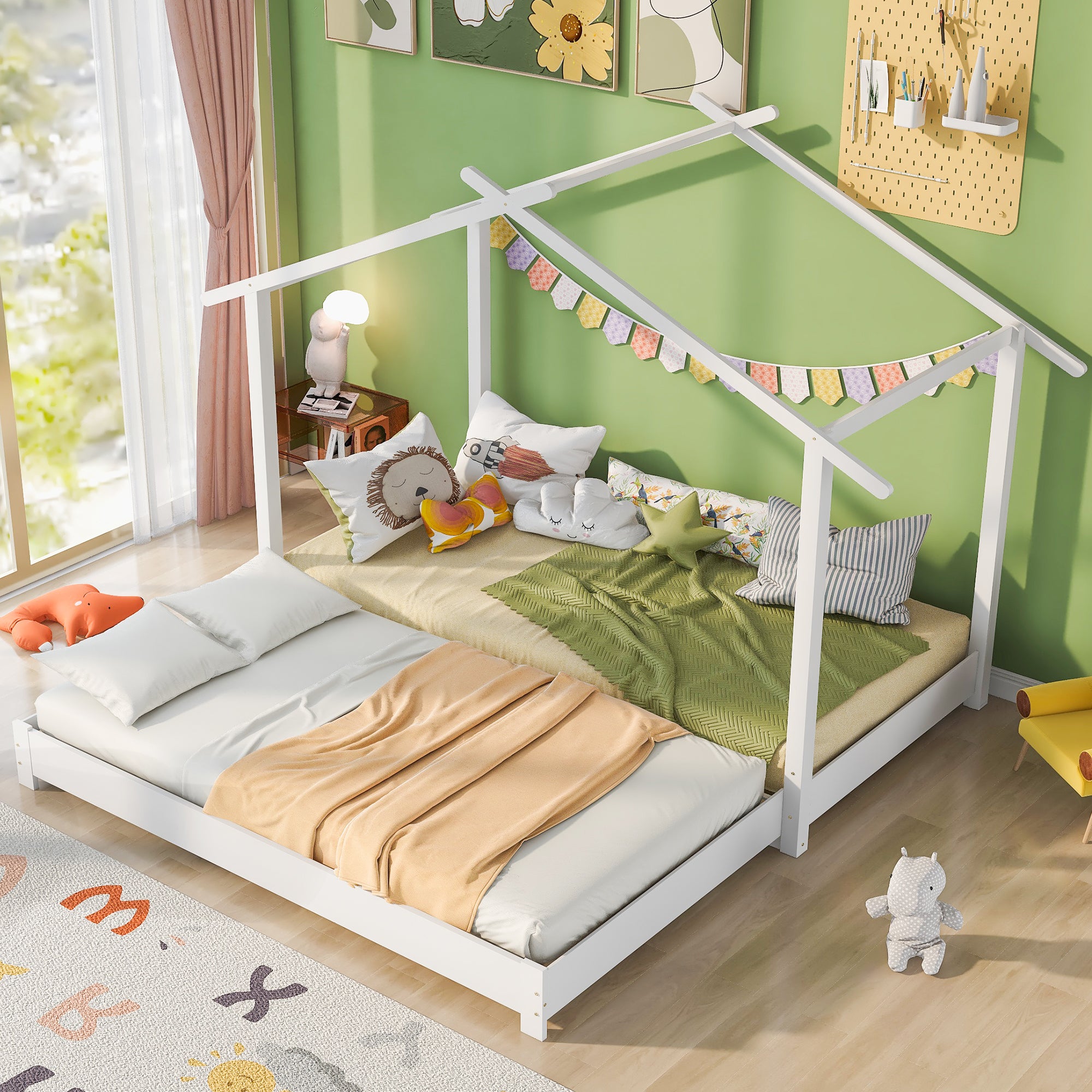Hausbett 90 /180 x 190cm Holz Kinderbett für Jungen & Mädchen Massivholz Kinder Bett umbaubar Bodenbett mit Lattenrost weiß