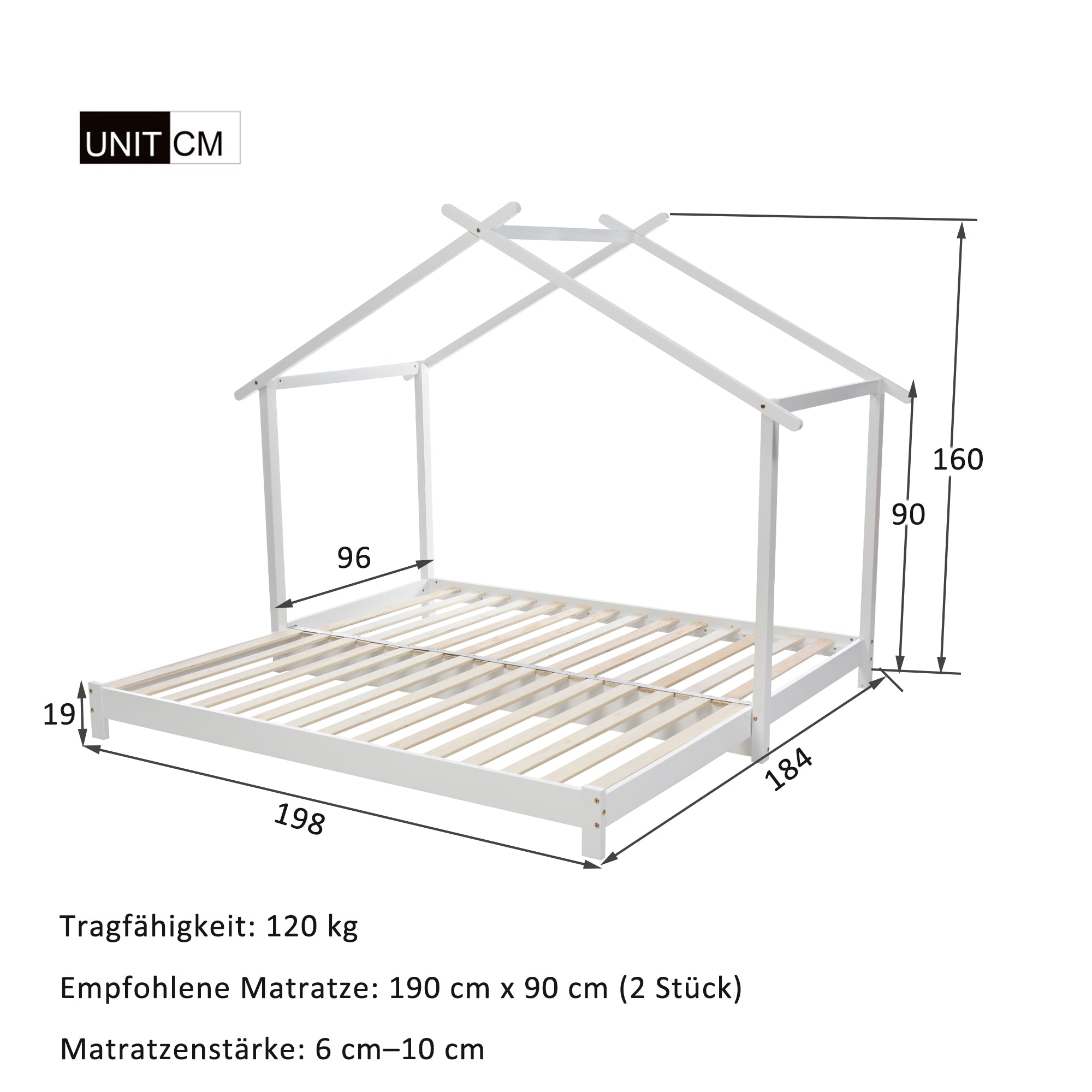 Hausbett 90 /180 x 190cm Holz Kinderbett für Jungen & Mädchen Massivholz Kinder Bett umbaubar Bodenbett mit Lattenrost weiß