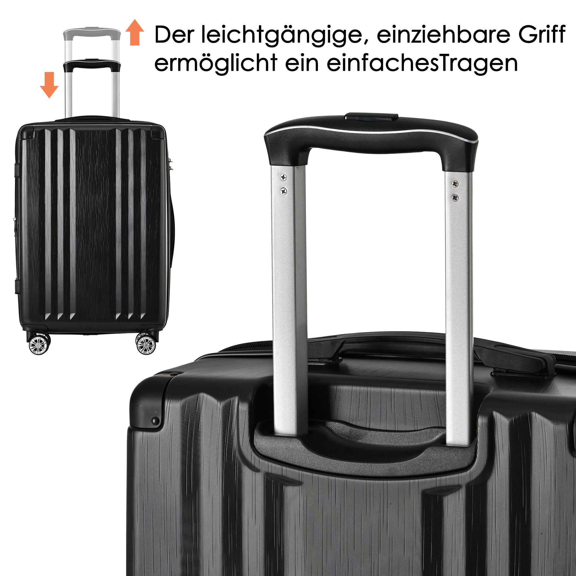 Kofferset, Koffer Hartschale-Koffer , Rollkoffer, Reisekoffer, Handgepäck 4 Rollen, ABS-Material, TSA Zollschloss, M-L-XL-Set Schwarz