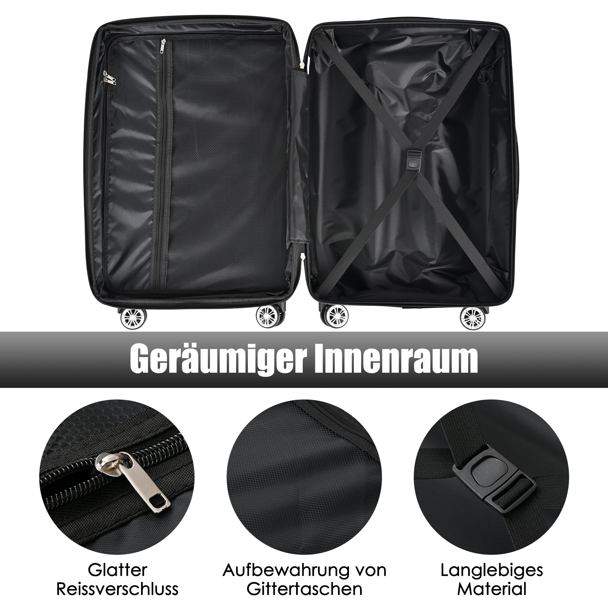 Kofferset, Koffer Hartschale-Koffer , Rollkoffer, Reisekoffer, Handgepäck 4 Rollen, ABS-Material, TSA Zollschloss, M-L-XL-Set Schwarz