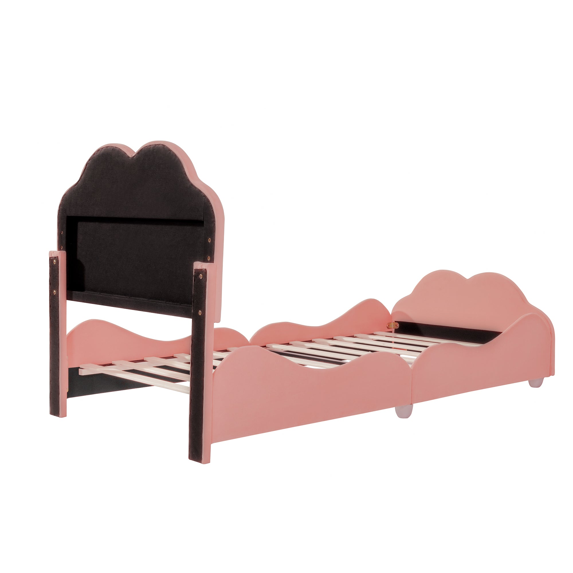 Polsterbett Kinderbett 90 x 200 cm hohes Geländer-Kinderbettgestell mit wolkenförmigem Kopf- und Fußteil Einzelbett aus Rosa