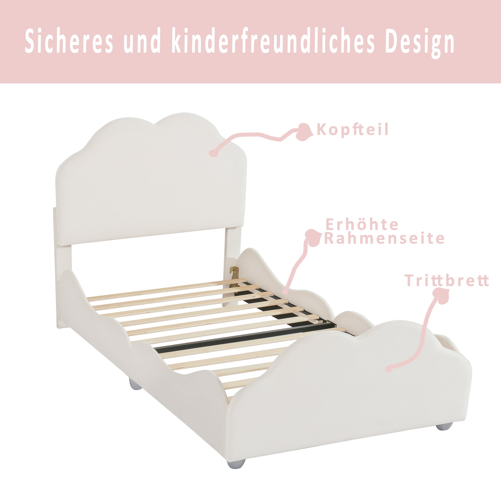 Polsterbett Kinderbett 90 x 200 cm hohes Geländer-Kinderbettgestell mit wolkenförmigem Kopf- und Fußteil Einzelbett aus Samt Beige