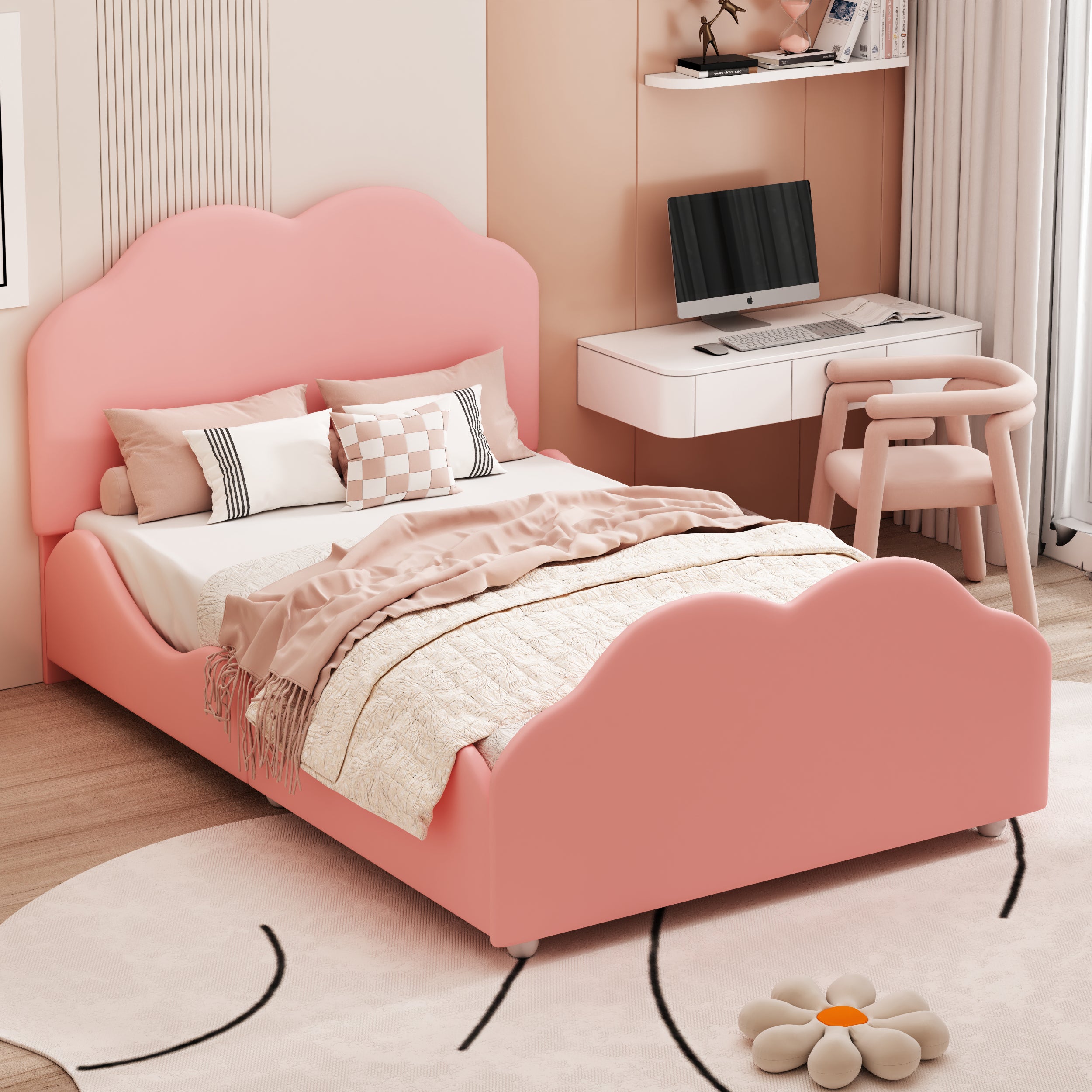 Polsterbett Kinderbett 90 x 200 cm hohes Geländer-Kinderbettgestell mit wolkenförmigem Kopf- und Fußteil Einzelbett aus Rosa