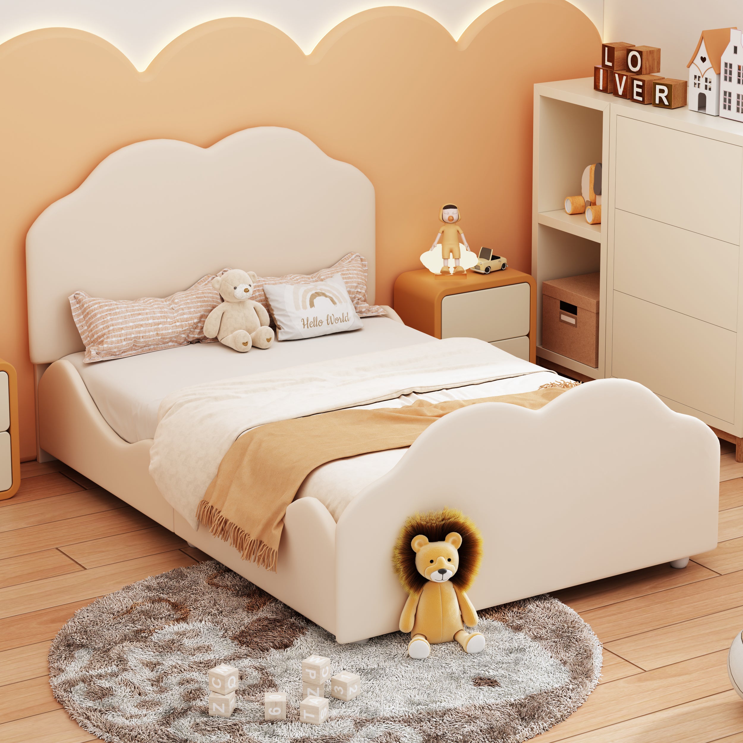 Polsterbett Kinderbett 90 x 200 cm hohes Geländer-Kinderbettgestell mit wolkenförmigem Kopf- und Fußteil Einzelbett aus Samt Beige