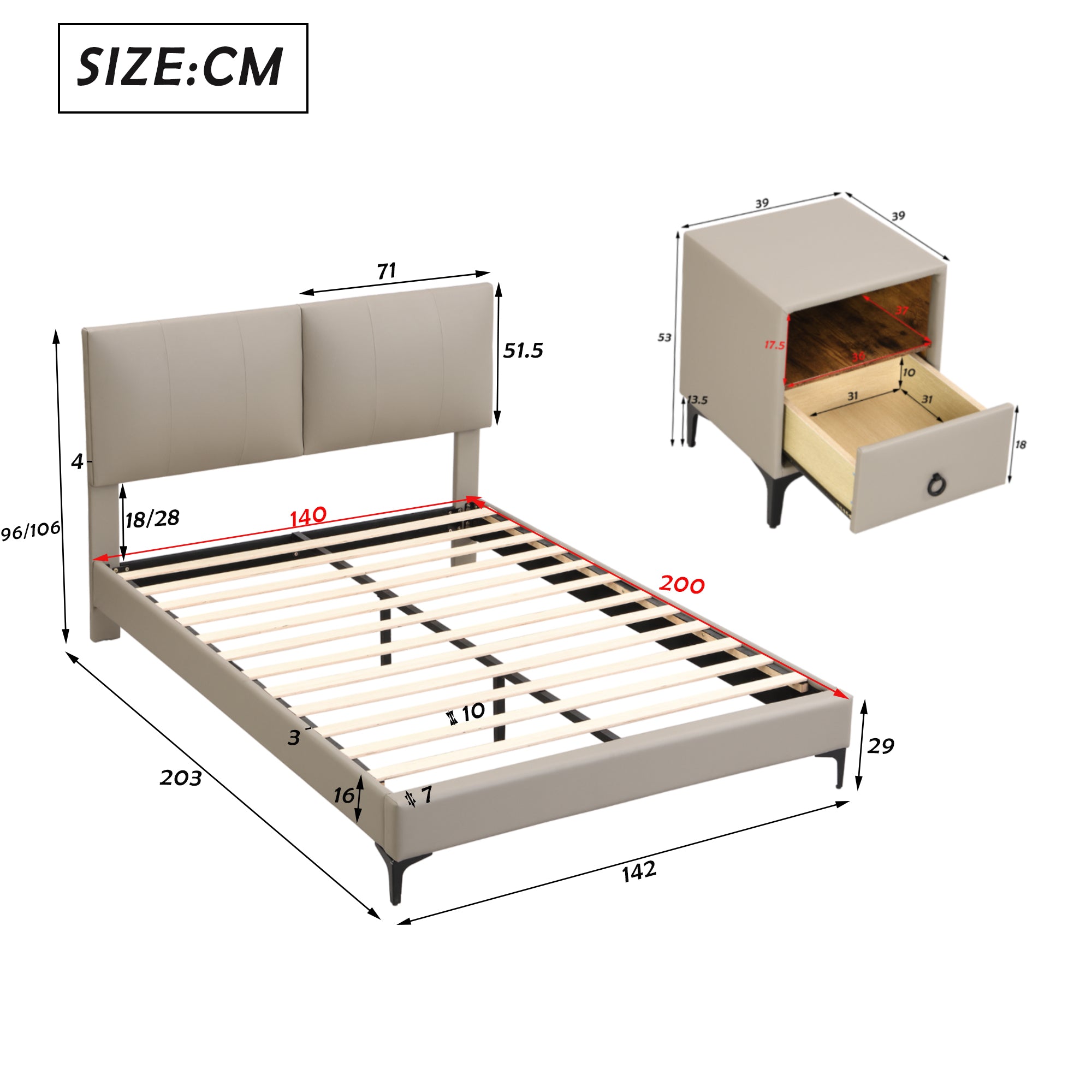 Schlafzimmer Set, Doppelbett 140x200cm, 1x Nachttisch, Nachttisch mit einer Schublade, Komplettschlafzimmer Set, PU, Hellgrau (Ohne Matratze)