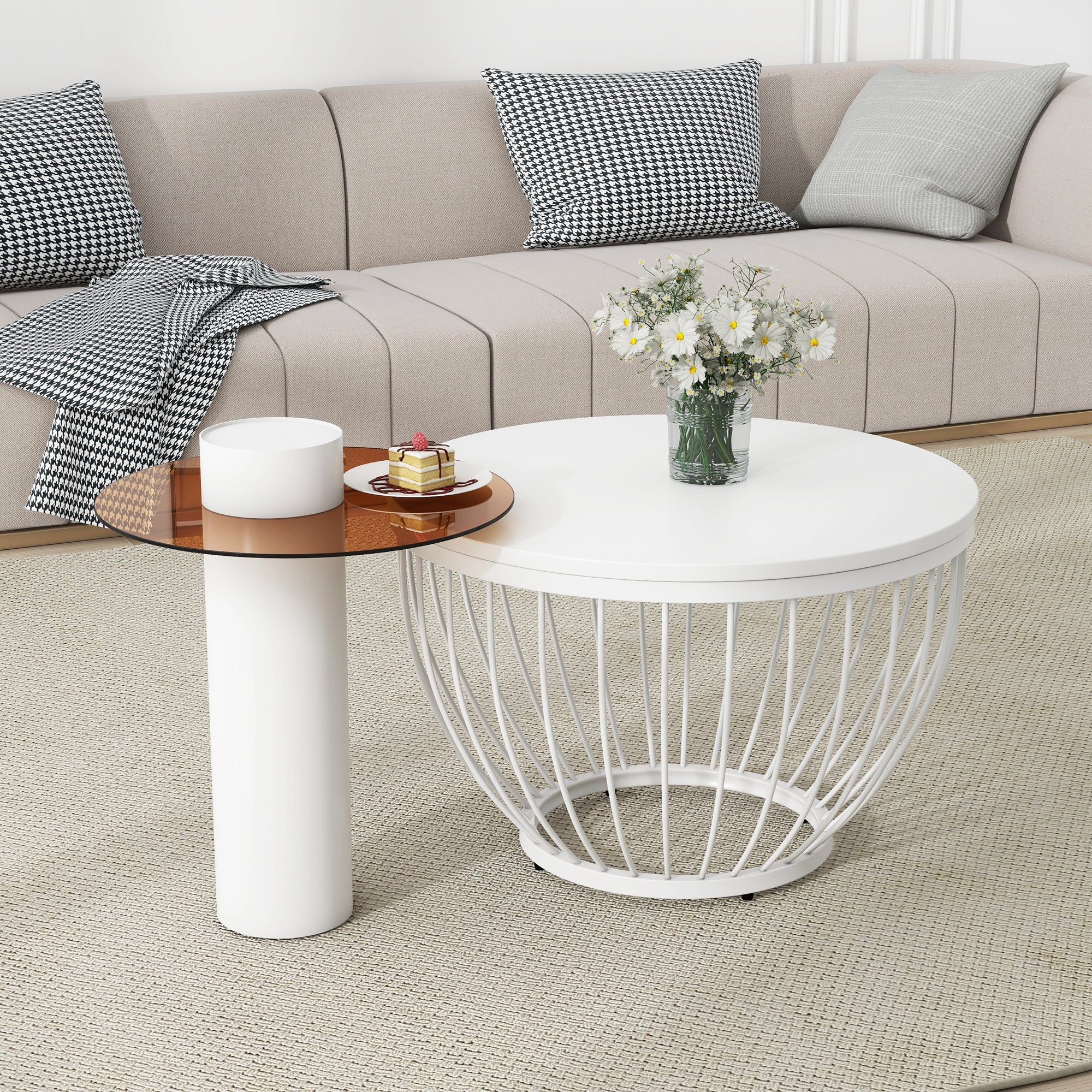 okwish 2 Couchtisch-Set, Nesting-Design, MDF- und Holzoptik, Stahlrahmen, Glas und PVC, eleganter moderner Wohnzimmer-Sofatisch, stilvolle Möbel (weiß)
