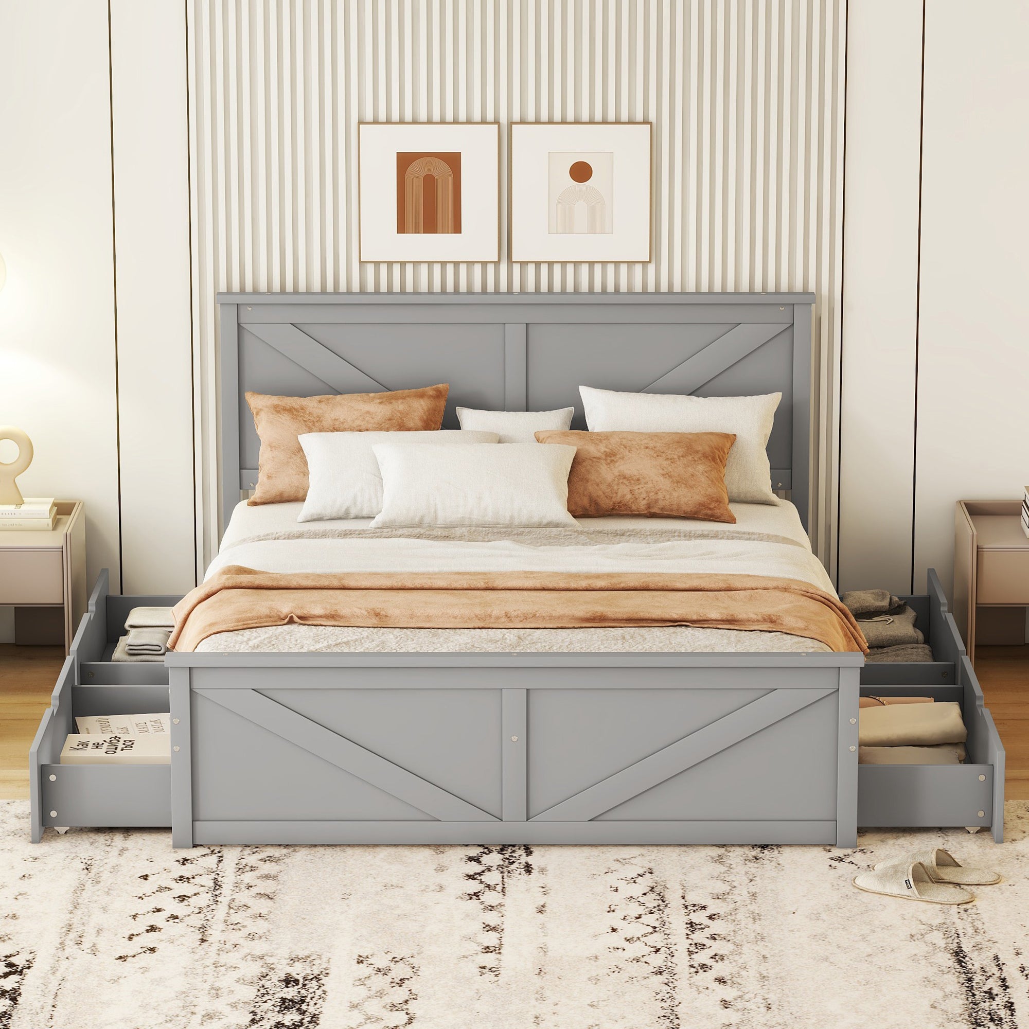 okwish 160x200 cm einfaches Plattformbett aus Holz, schlicht und stilvoll, mit vier Schubladen, grau