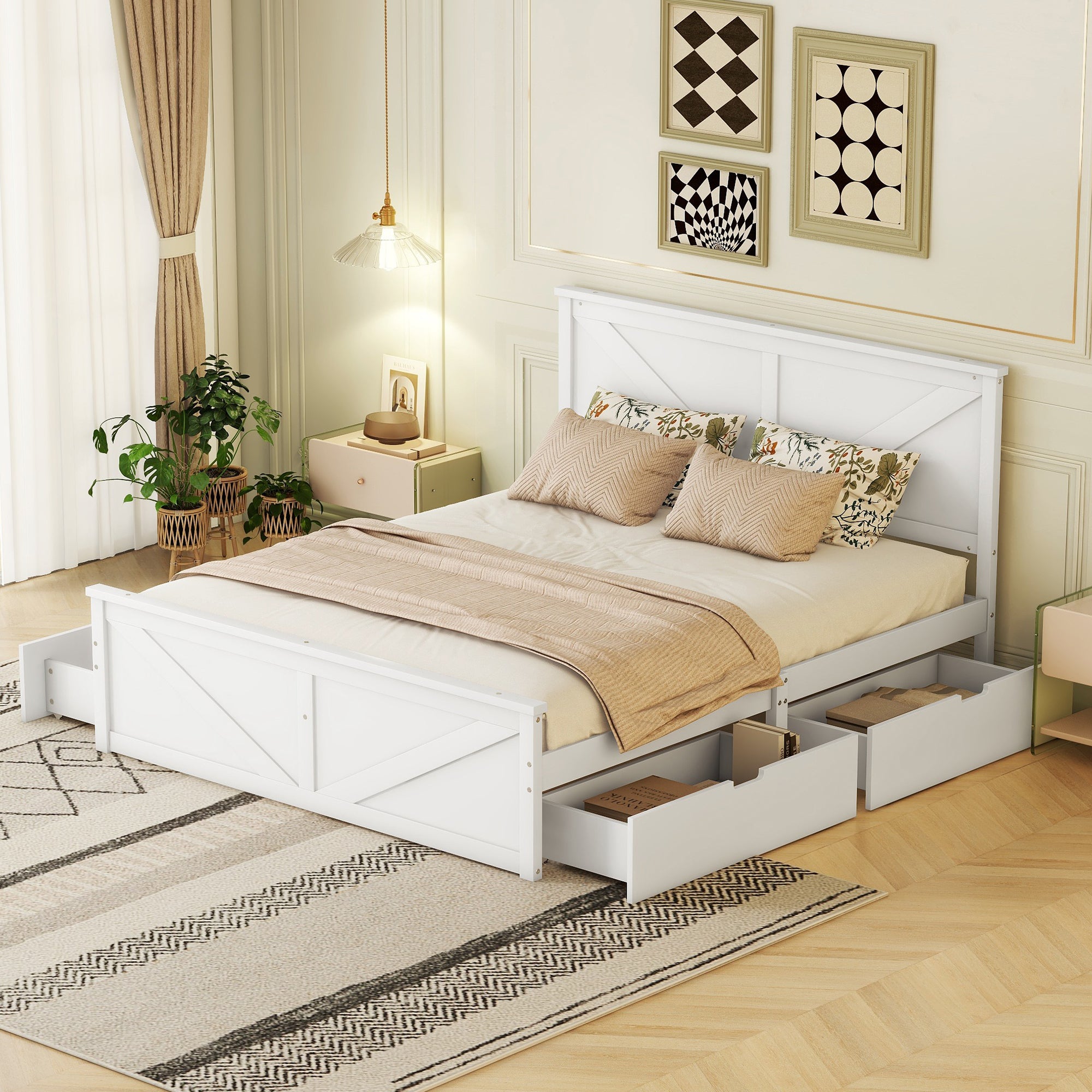 okwish 160x200 cm einfaches Plattformbett aus Holz, schlicht und stilvoll, mit vier Schubladen, weiß