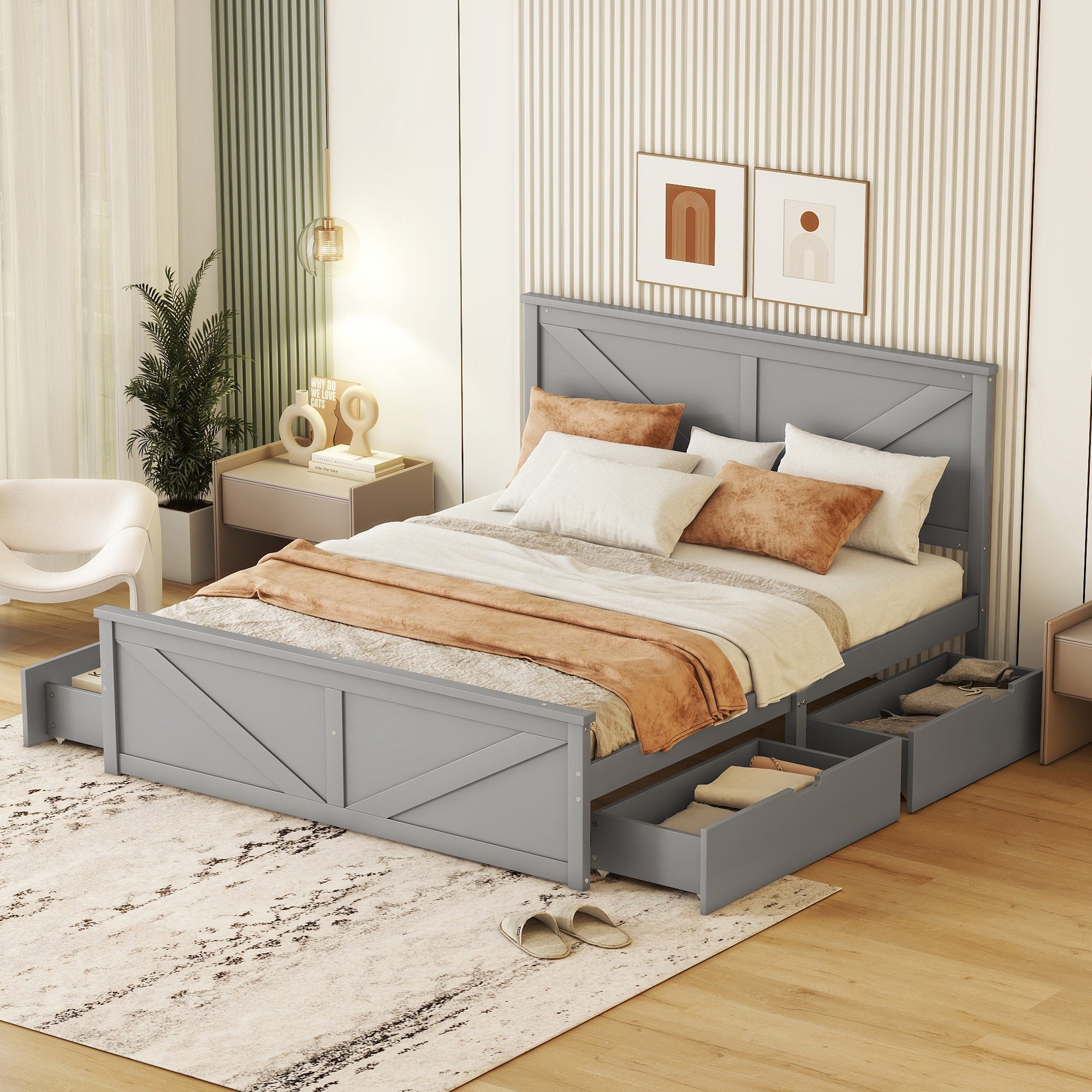 okwish 160x200 cm einfaches Plattformbett aus Holz, schlicht und stilvoll, mit vier Schubladen, grau