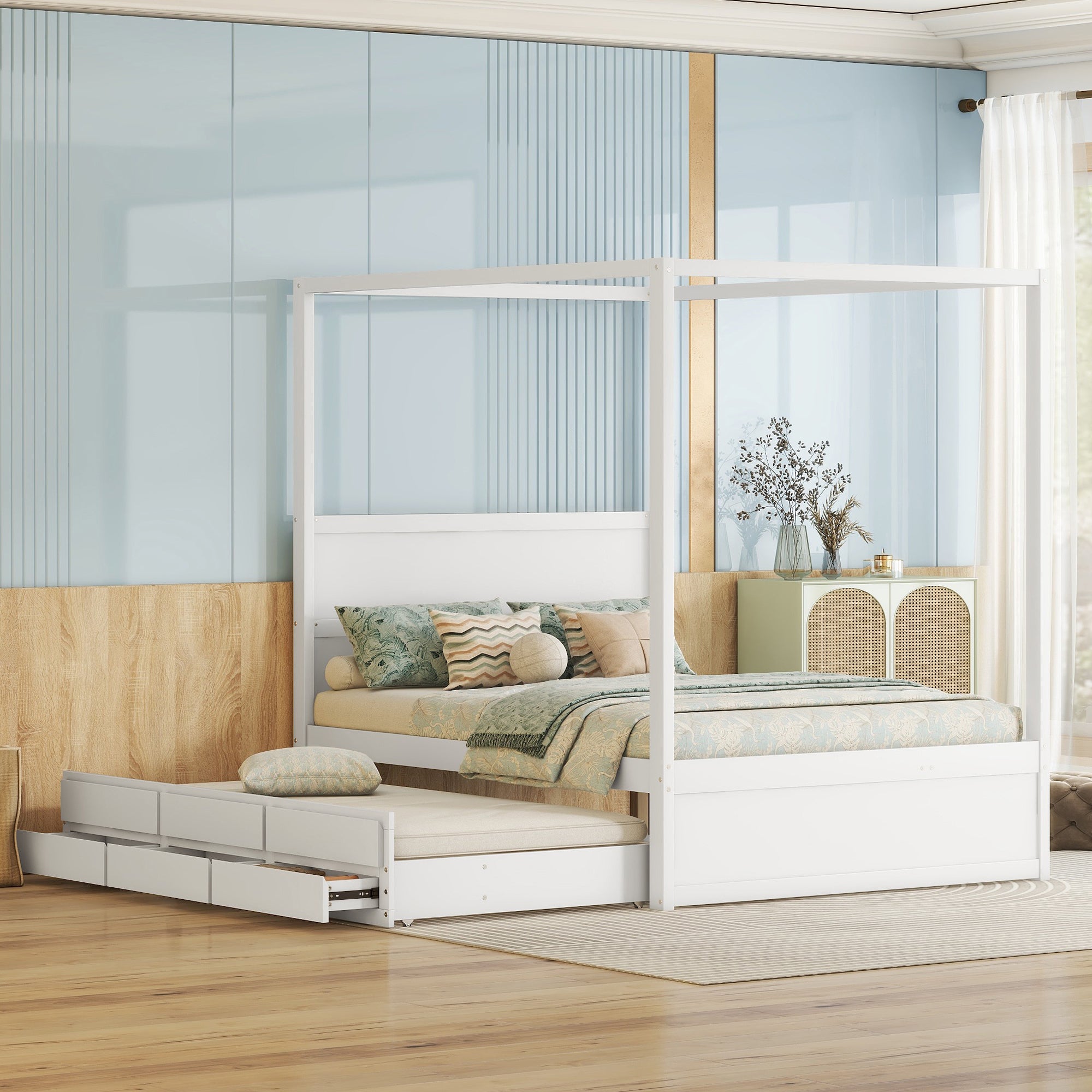 okwish 140 x 200 cm Elegantes und stilvolles Himmelbett, Plattformbett mit ausziehbarem Einzelbett und drei Staufächern, weiß