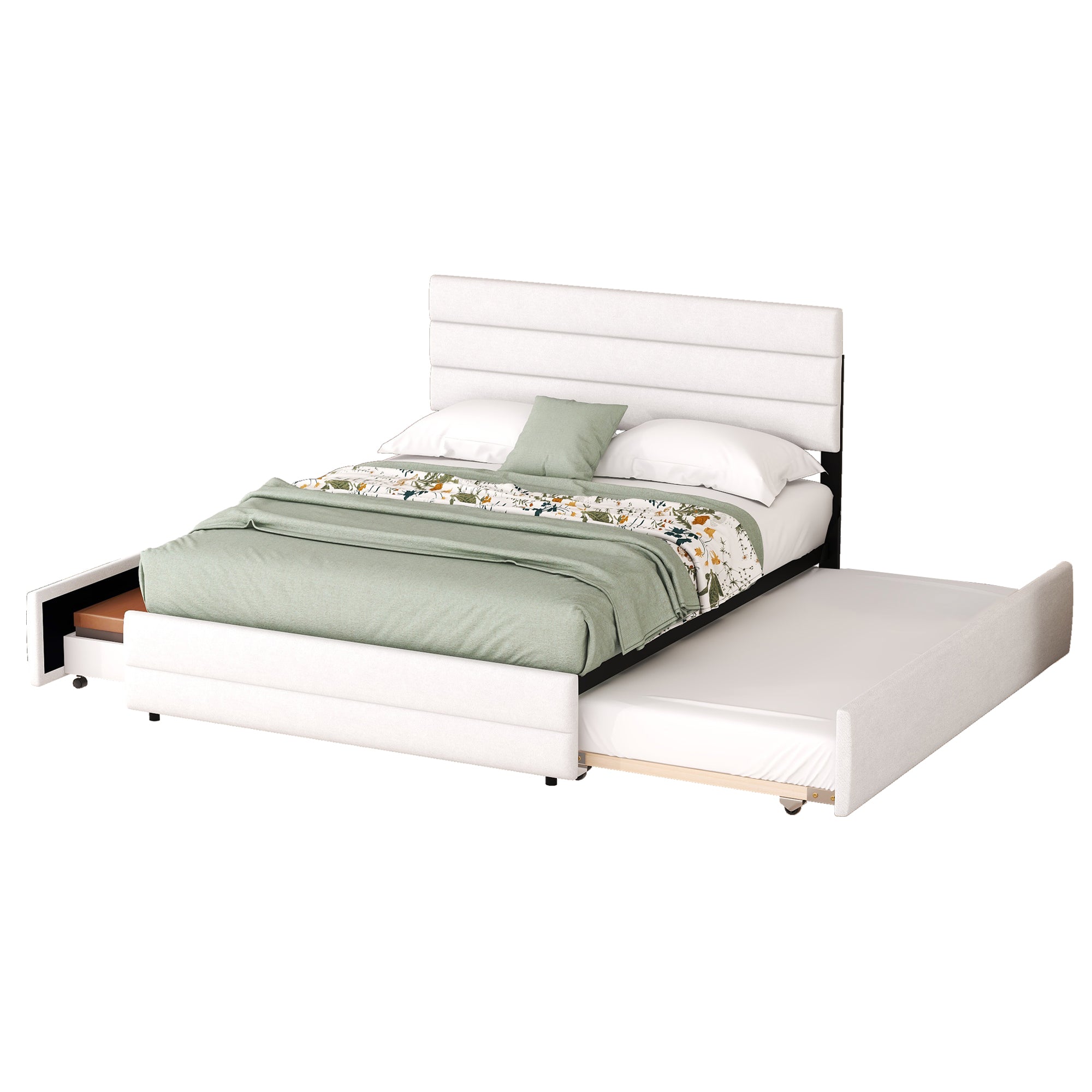 okwish 140 x 200 cm Plattformbett, gepolstertes Bett, mit Zwei-Personen-Brosche und zwei Schubladen, weiß