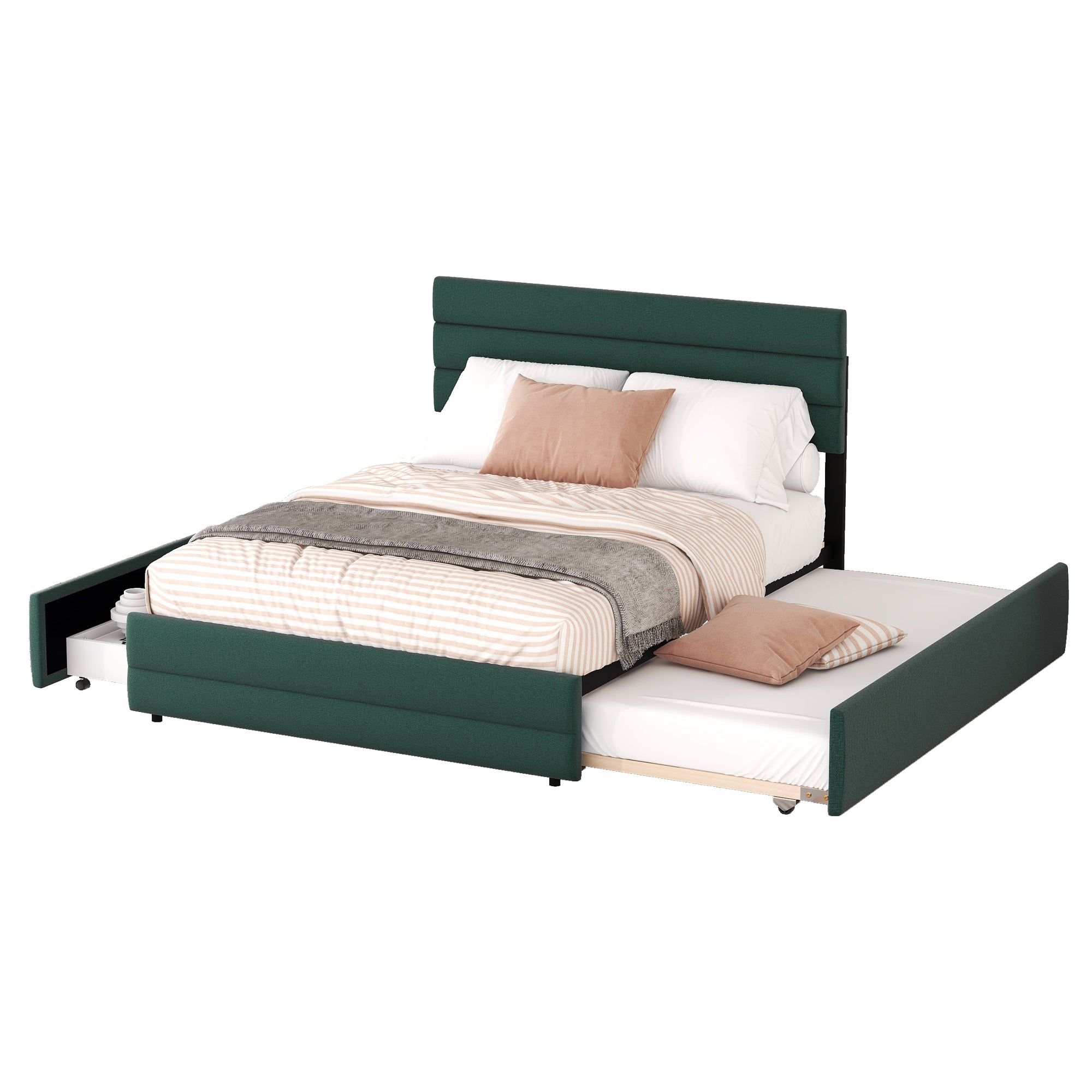 okwish 140 x 200 cm Plattformbett, gepolstertes Bett, mit Zwei-Personen-Brosche und zwei Schubladen, natürliche Farbe