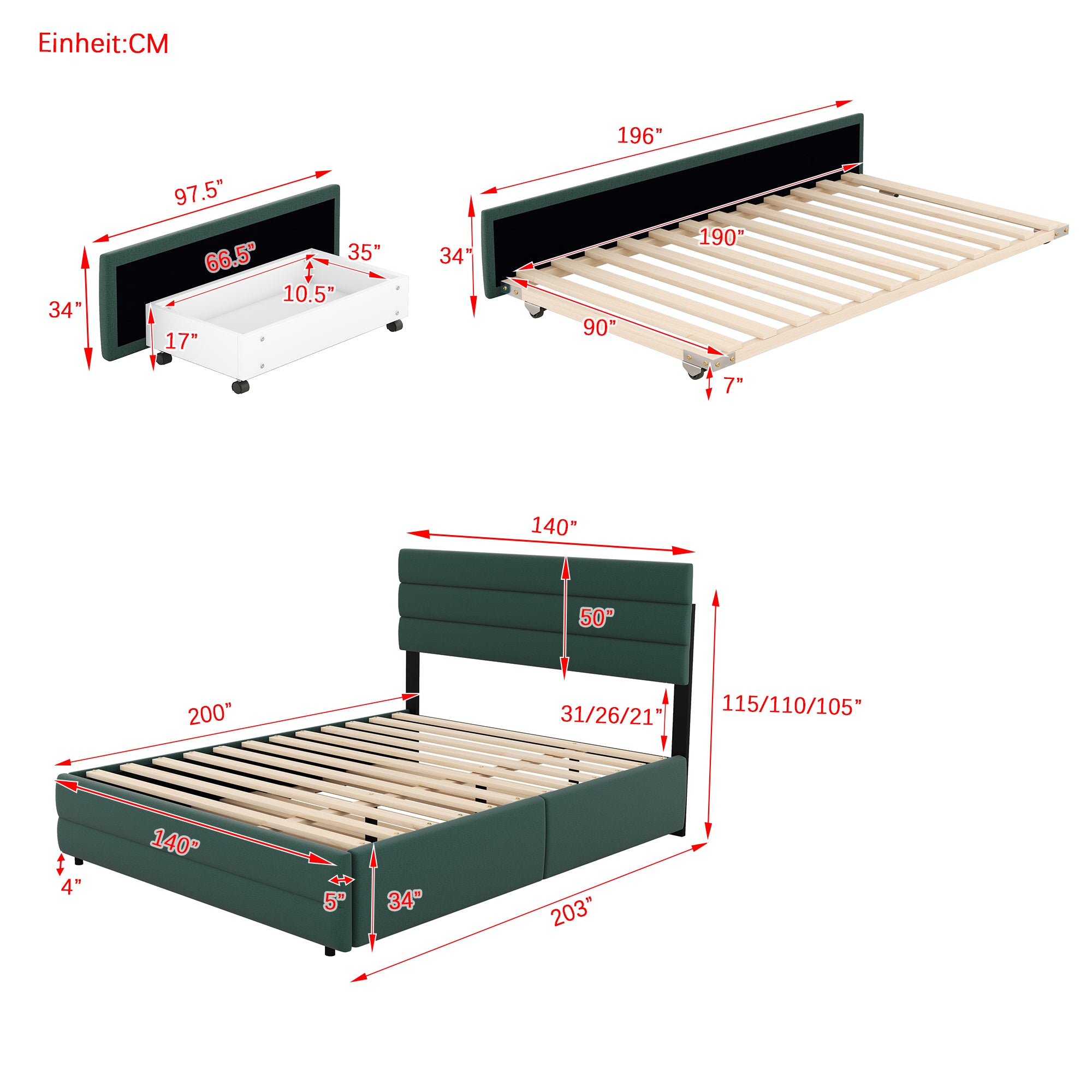 okwish 140 x 200 cm Plattformbett, gepolstertes Bett, mit Zwei-Personen-Brosche und zwei Schubladen, natürliche Farbe
