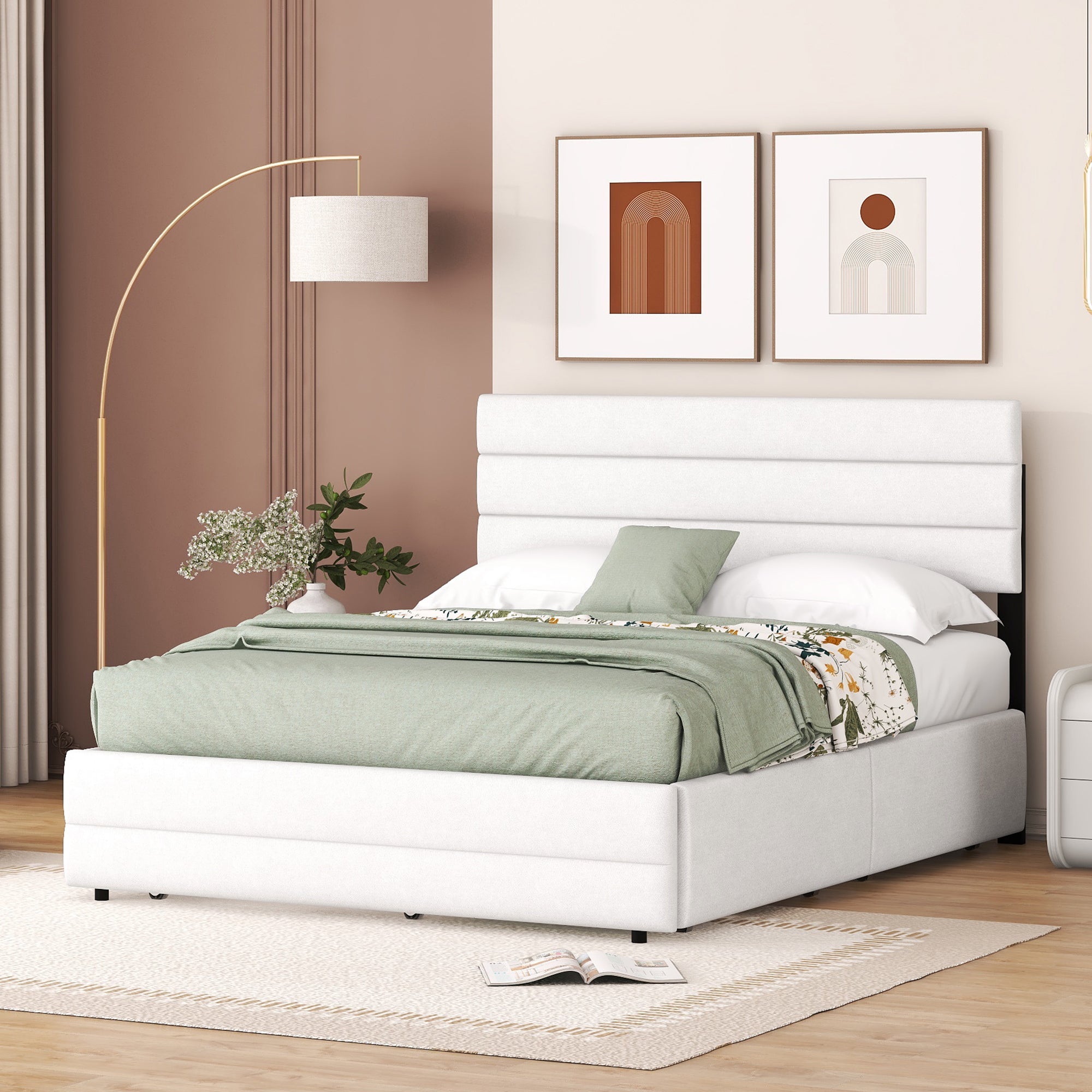 okwish 140 x 200 cm Plattformbett, gepolstertes Bett, mit Zwei-Personen-Brosche und zwei Schubladen, weiß