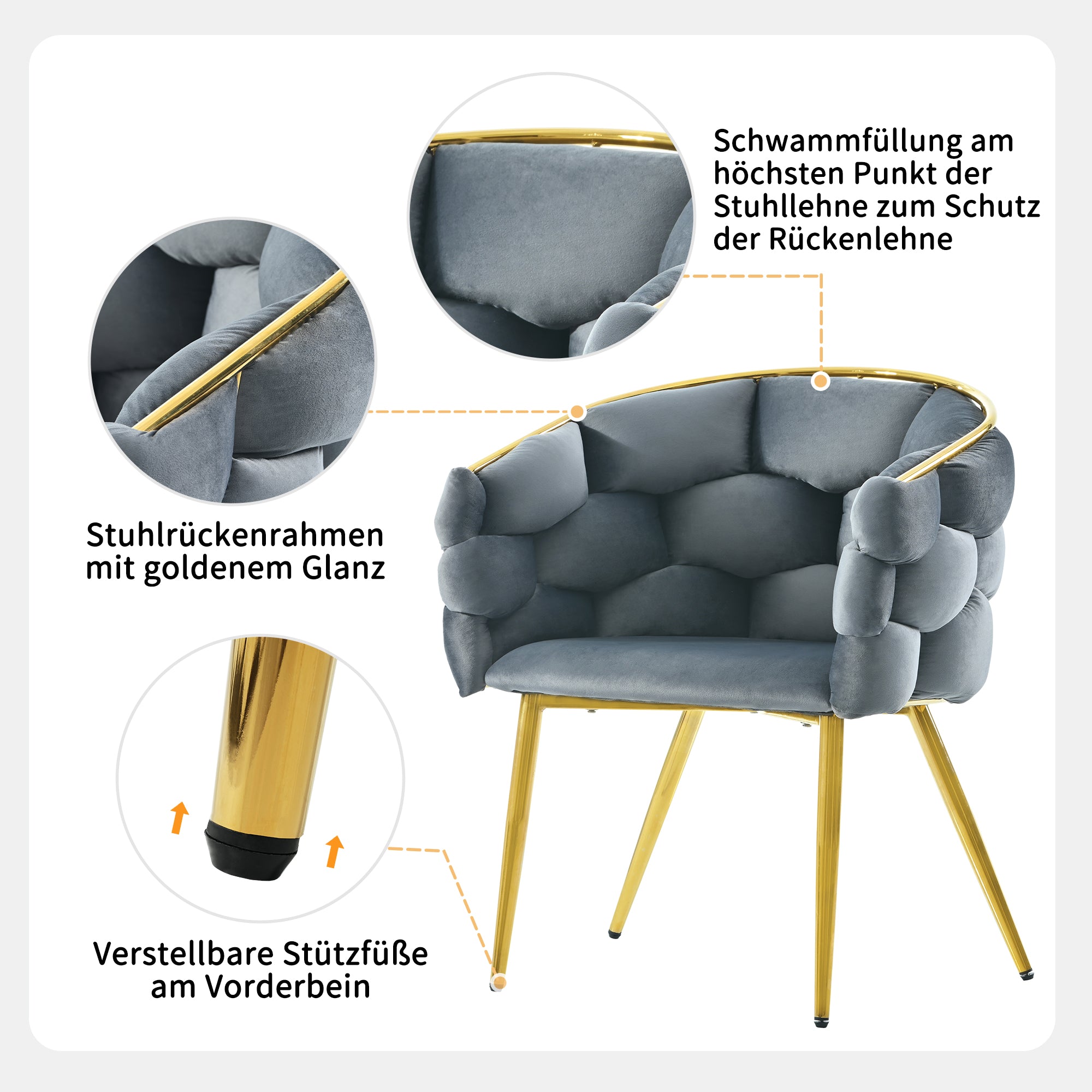 1 okwish Luxus-Samtstuhl (je 1 Satz Wohnzimmerstuhl, Esszimmerstuhl, Make-up-Stuhl, moderner Modestuhl), vergoldete Eisenbeine, grauer Stuhl, Bubble-Stuhl