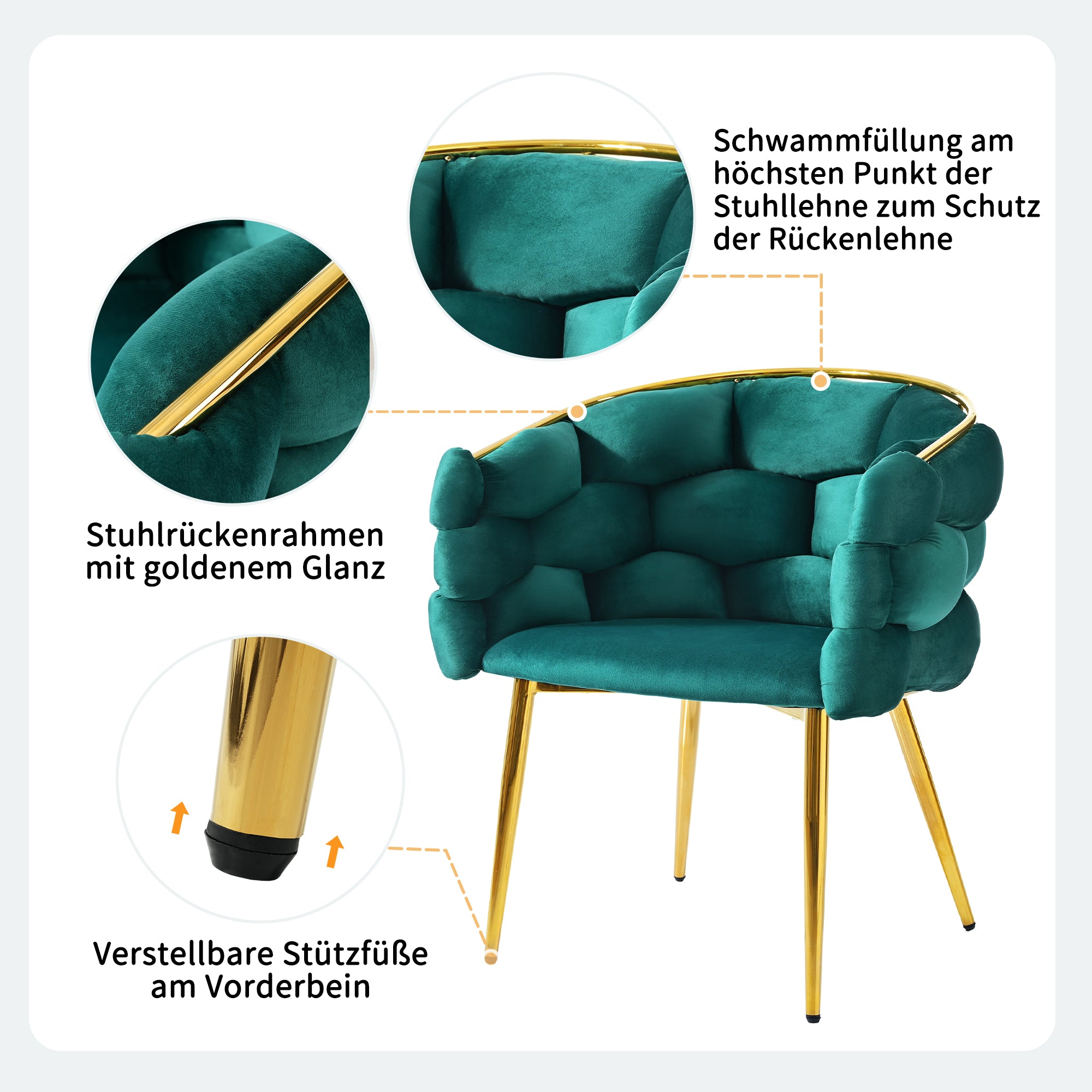 1 okwish Luxus-Samtstuhl (je 1 Satz Wohnzimmerstuhl, Esszimmerstuhl, Make-up-Stuhl, moderner Modestuhl), vergoldete Eisenbeine, grüner Stuhl, Bubble-Stuhl