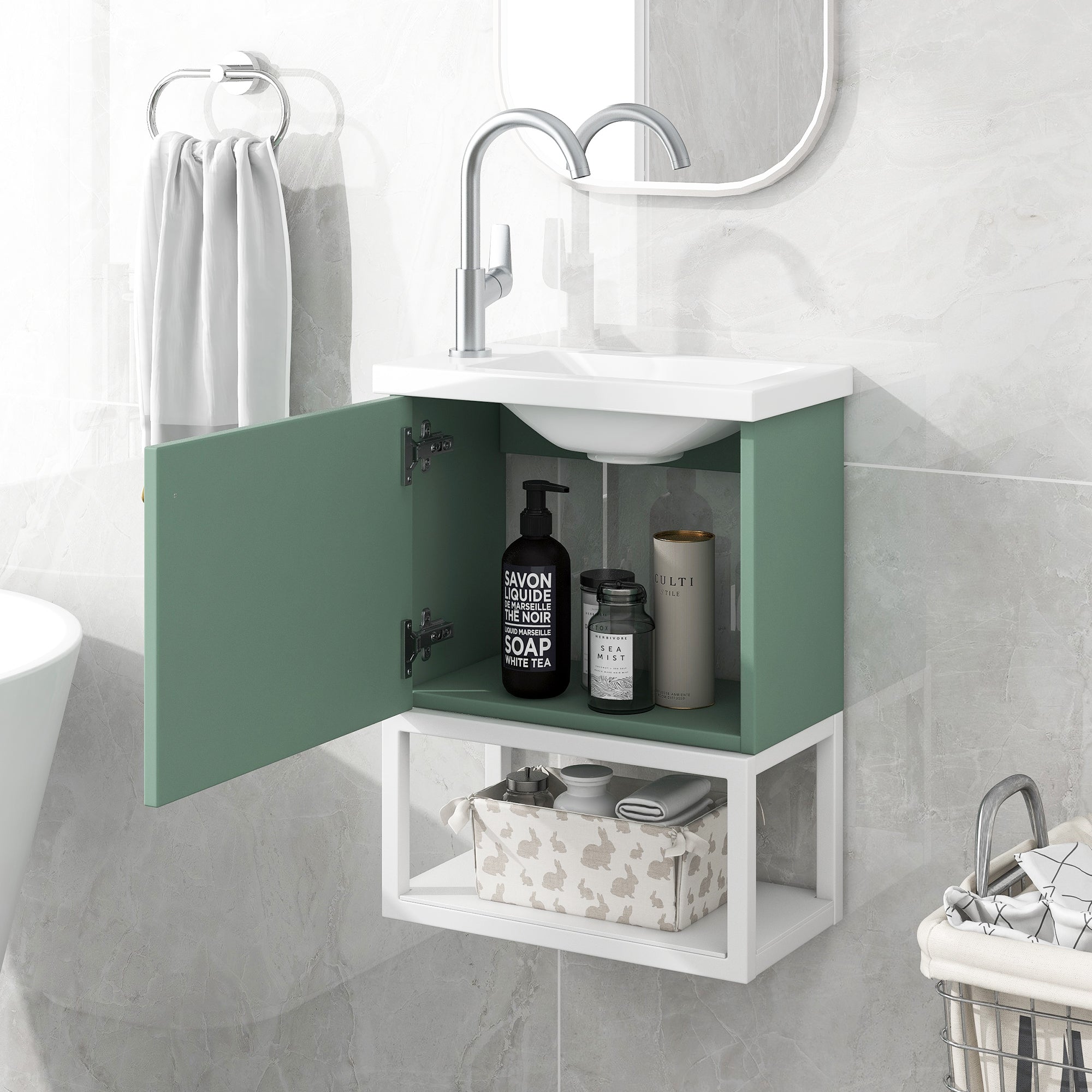 okiwsh Badezimmerwaschbecken 39 x 21 x 50 cm, Badezimmermöbel, kleines Waschbecken mit Schminktisch, hängender Schminktisch, Waschbeckenschrank, Badezimmermöbel (weiß und grün)