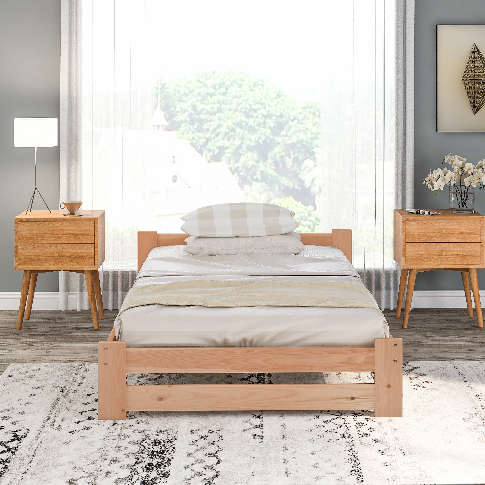 okwish Holzbettgestell mit Kopfteil und Lattenrost, Futonlaken-Einzelbett 90 x 200 cm, klassisches Bett in Naturfarbe