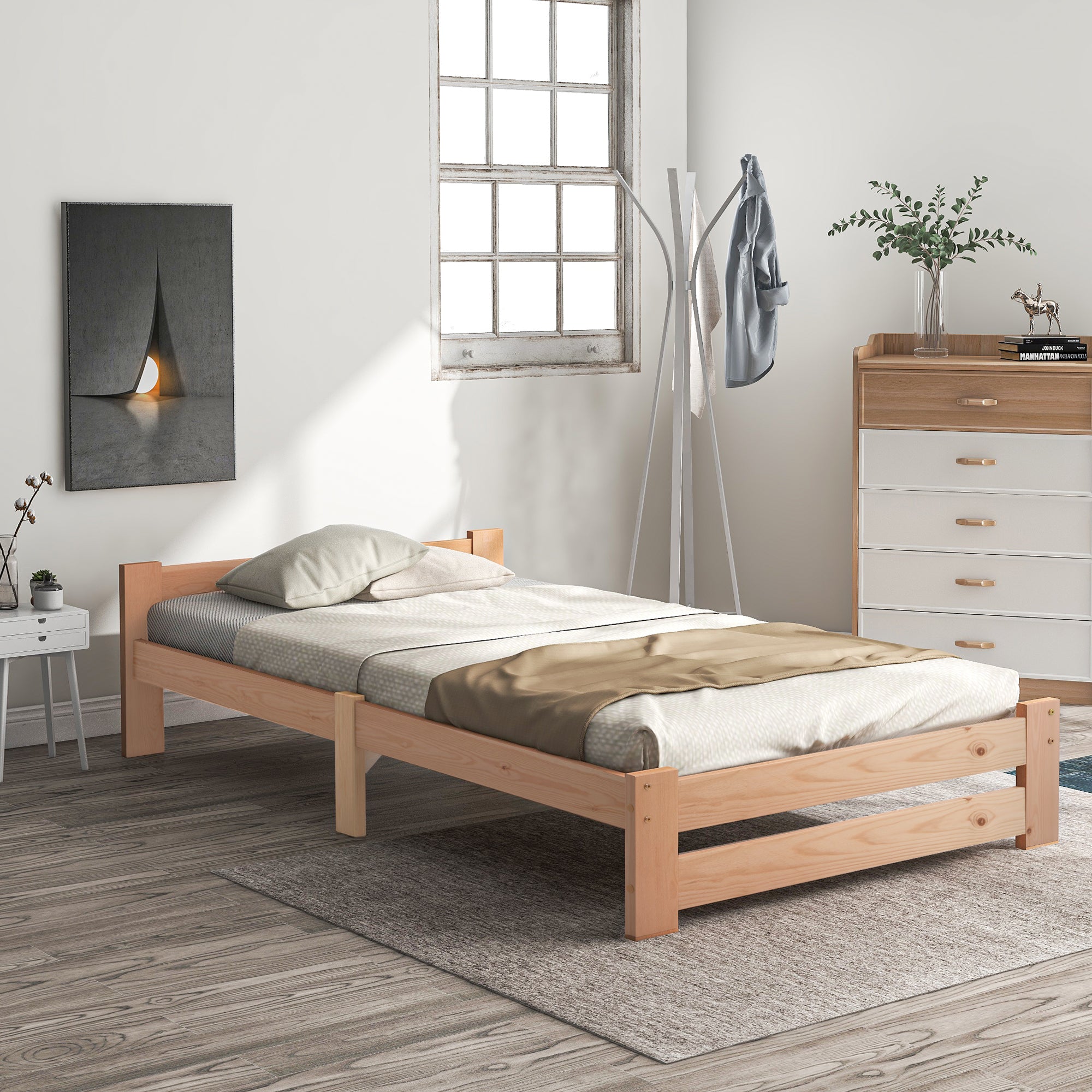 okwish Holzbettgestell mit Kopfteil und Lattenrost, Futonlaken-Einzelbett 90 x 200 cm, klassisches Bett in Naturfarbe