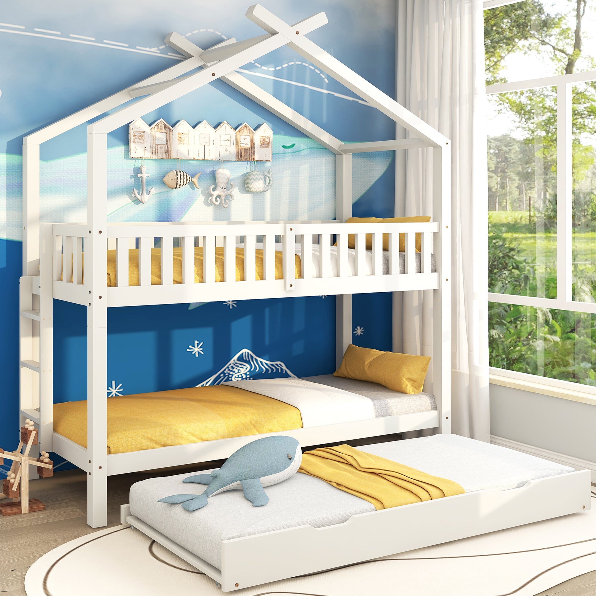 okwish Kinderbett 90x200 cm, Heimbett, Jugendbett, drei Betten ausziehbar, platzsparendes Design, ein Muss für Familien mit vielen Kindern, weiß