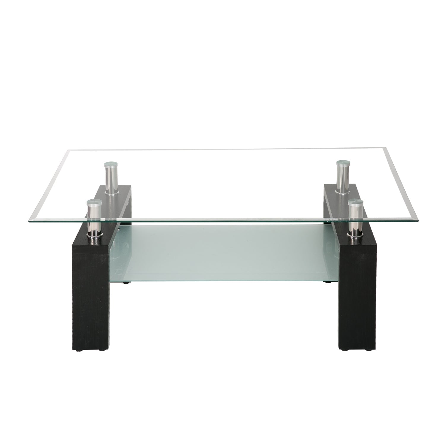 okwish Couchtisch aus gehärtetem Glas, Kaffetisch schwarzer moderner rechteckiger Teetisch mit unterem Regal und Holzbeinen Transparent