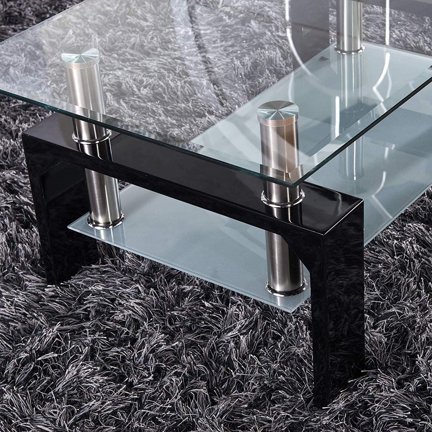 okwish Couchtisch aus gehärtetem Glas, Kaffetisch schwarzer moderner rechteckiger Teetisch mit unterem Regal und Holzbeinen Transparent