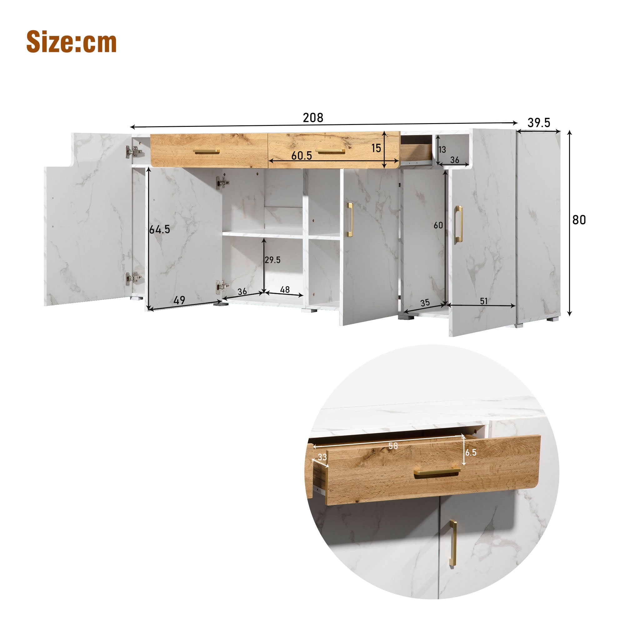 okwish Sideboard, Küchenschrank, Aufbewahrungsschrank, Kommode mit 4 Türen, 2 Schubladen, Buffet (208 x 39,5 x 80 cm)