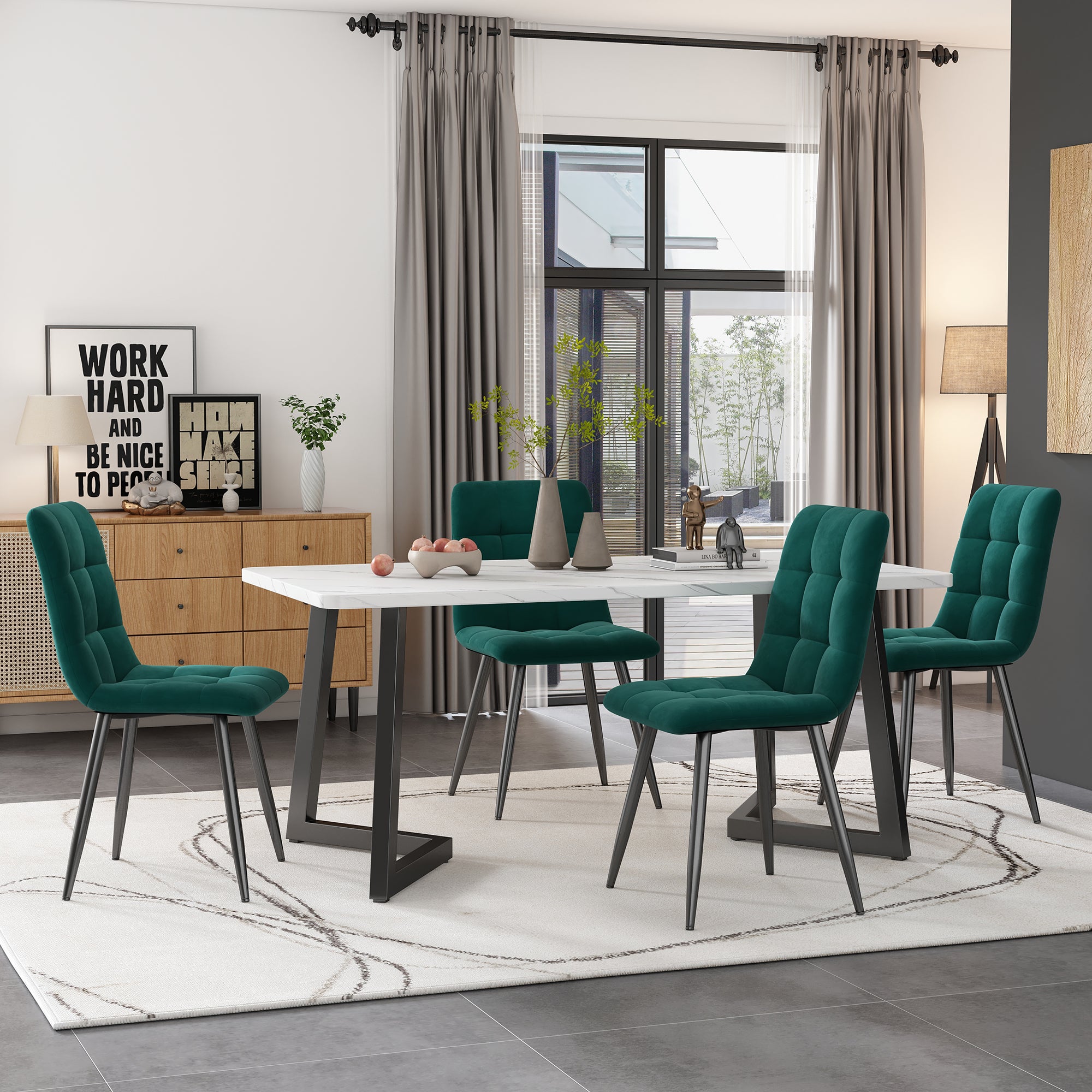 okwish Esstisch mit 4 Stühlen Set Rechteckiger Esstisch Moderner Küchentisch Set Esszimmerstuhl aus Samt Küchenstuhl 117cm, Grün