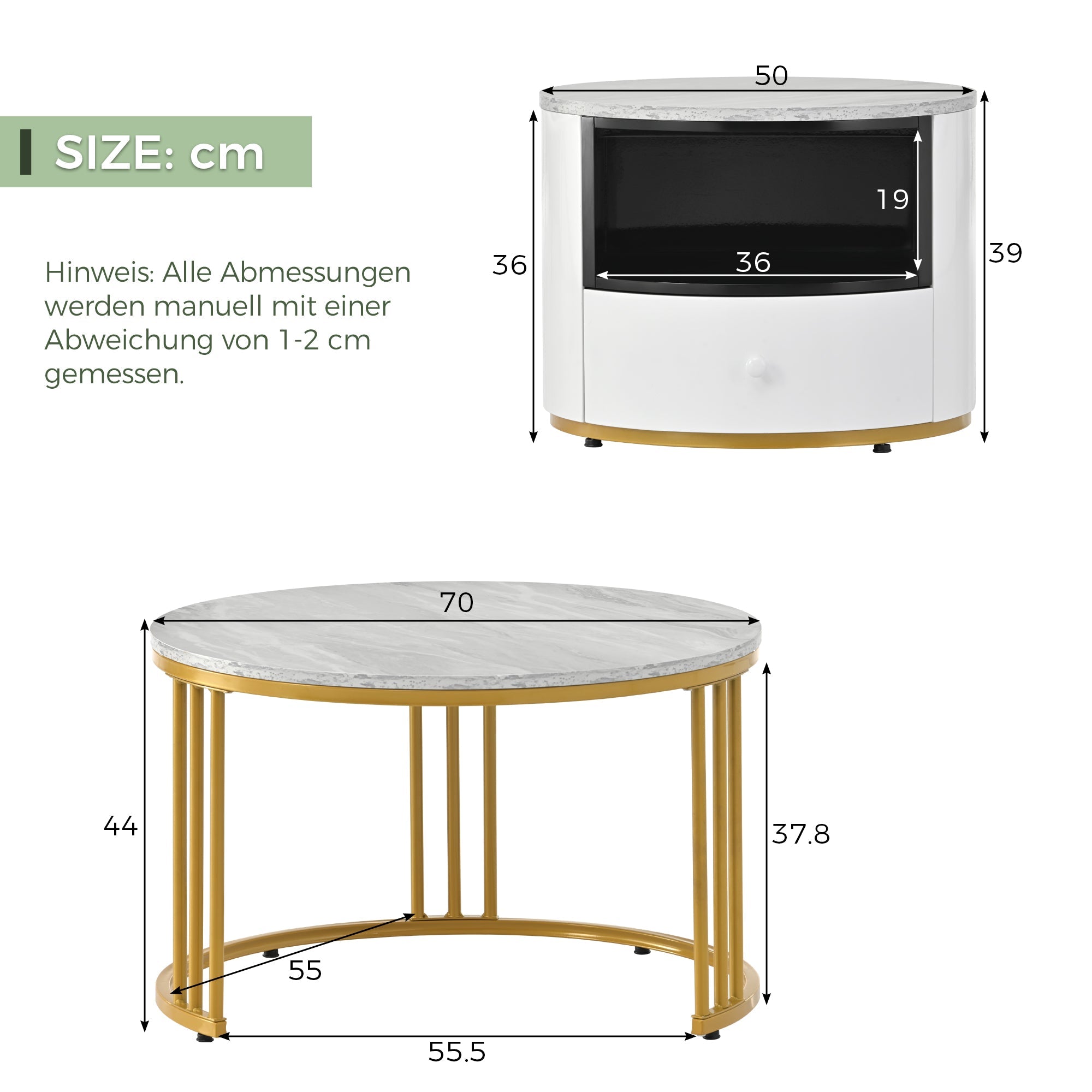 okwish CouchTisch, Couchtisch 2er Set Rund Tisch Wohnzimmer Rund mit Metallgestell Beistelltisch Modern Satztische fürs Wohnzimmer, Weiß Gold