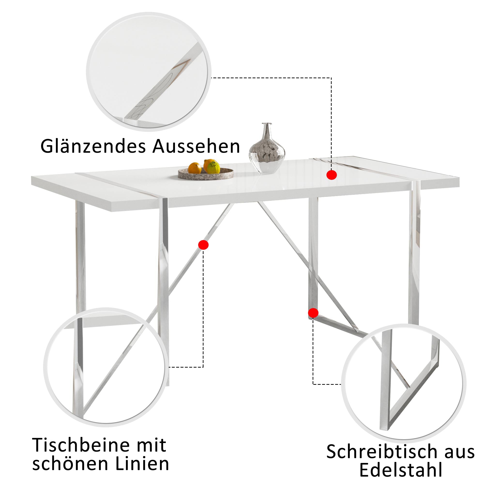 okwish Tisch- und Stuhlset, Beine aus Edelstahl, weißer Esstisch mit 4 schwarzen Stühlen, rechteckiger Esstisch, modernes Esszimmermöbelset, luxuriöser minimalistischer Stil