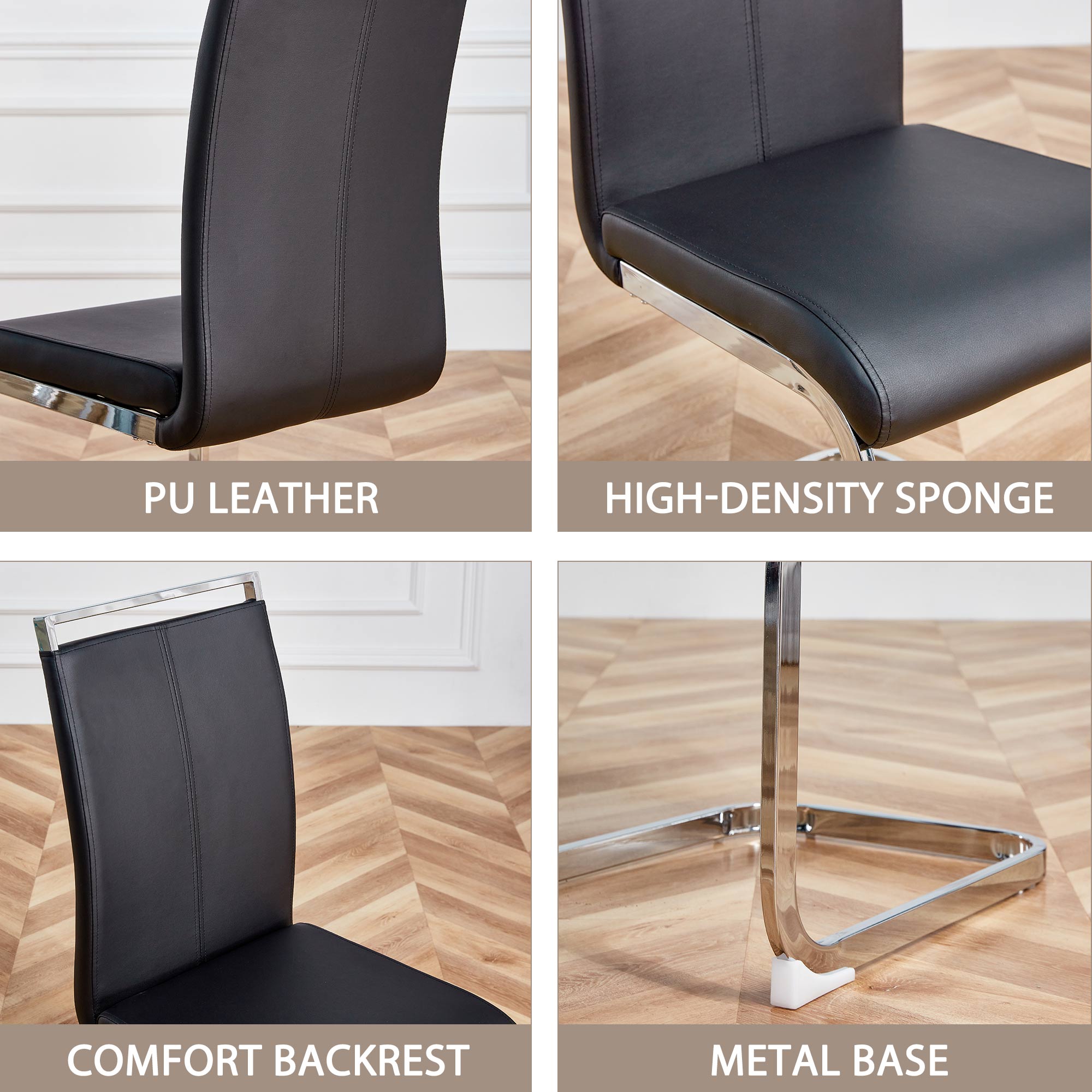 okwish Tisch- und Stuhlset, Beine aus Edelstahl, weißer Esstisch mit 4 schwarzen Stühlen, rechteckiger Esstisch, modernes Esszimmermöbelset, luxuriöser minimalistischer Stil