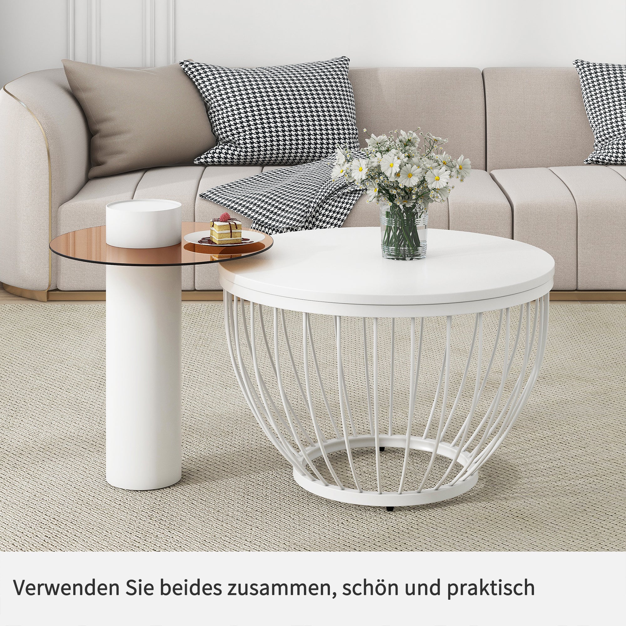 okwish 2 Couchtisch-Set, Nesting-Design, MDF- und Holzoptik, Stahlrahmen, Glas und PVC, eleganter moderner Wohnzimmer-Sofatisch, stilvolle Möbel (weiß)