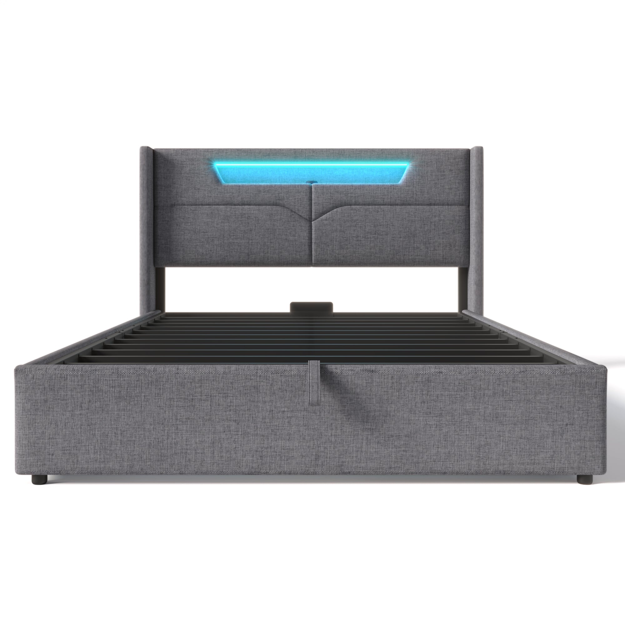 okwish Polsterbett 160x200cm, LED-Doppelbett mit USB-Typ-C-Aufladung, Stauraumbett, Bettgestell aus Leinenmaterial, langlebig, Grau (ohne Matratze)