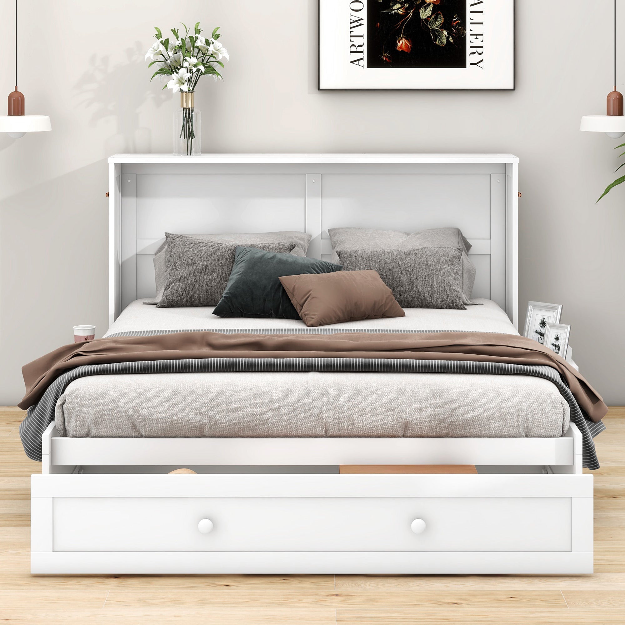 okwish Polsterbett 140 x 200 cm, mobiles Schrankbett für zu Hause, Schubladen am Ende des Bettes, kleine Ablagen an der Seite des Bettes, umwandelbares Plattformbett, weiß