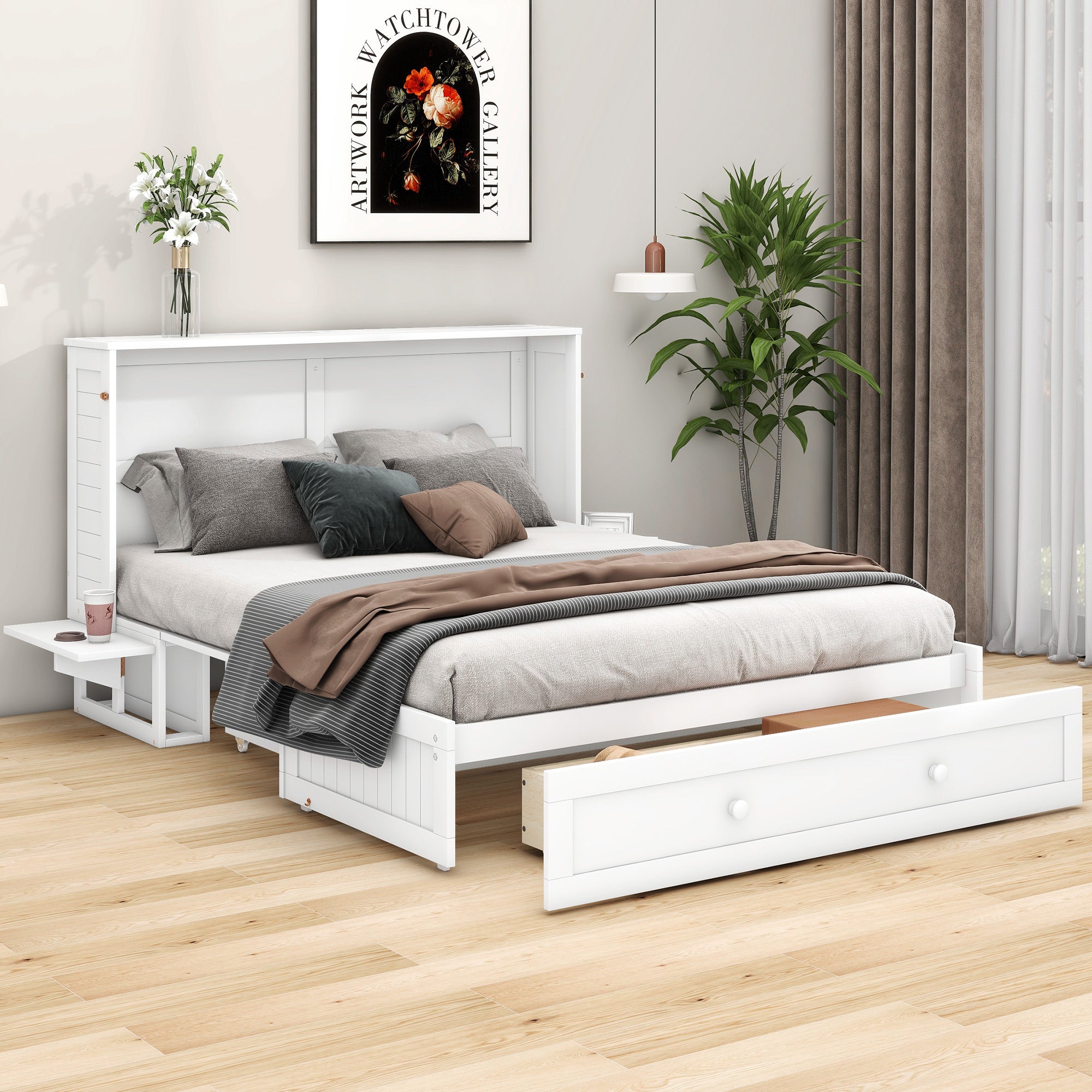 okwish Polsterbett 140 x 200 cm, mobiles Schrankbett für zu Hause, Schubladen am Ende des Bettes, kleine Ablagen an der Seite des Bettes, umwandelbares Plattformbett, weiß