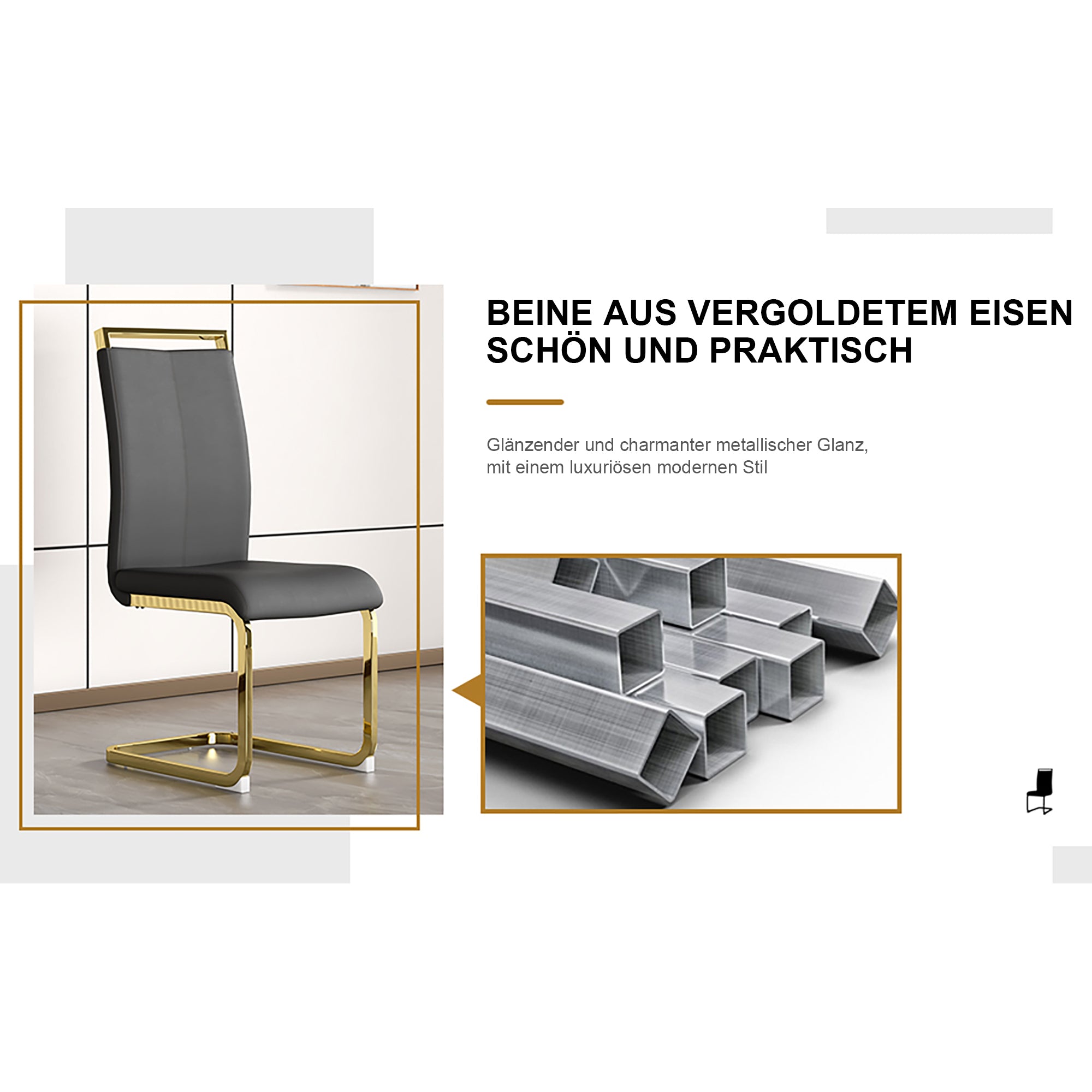okwish 4-teiliges Freischwinger-Stuhl-Set, verchromtes Metallgestell, Esstisch und Stühle mit einer Belastbarkeit von 150 kg, rutschfeste Fußpolster, vergoldete Beine, schwarzer Kunstlederbezug