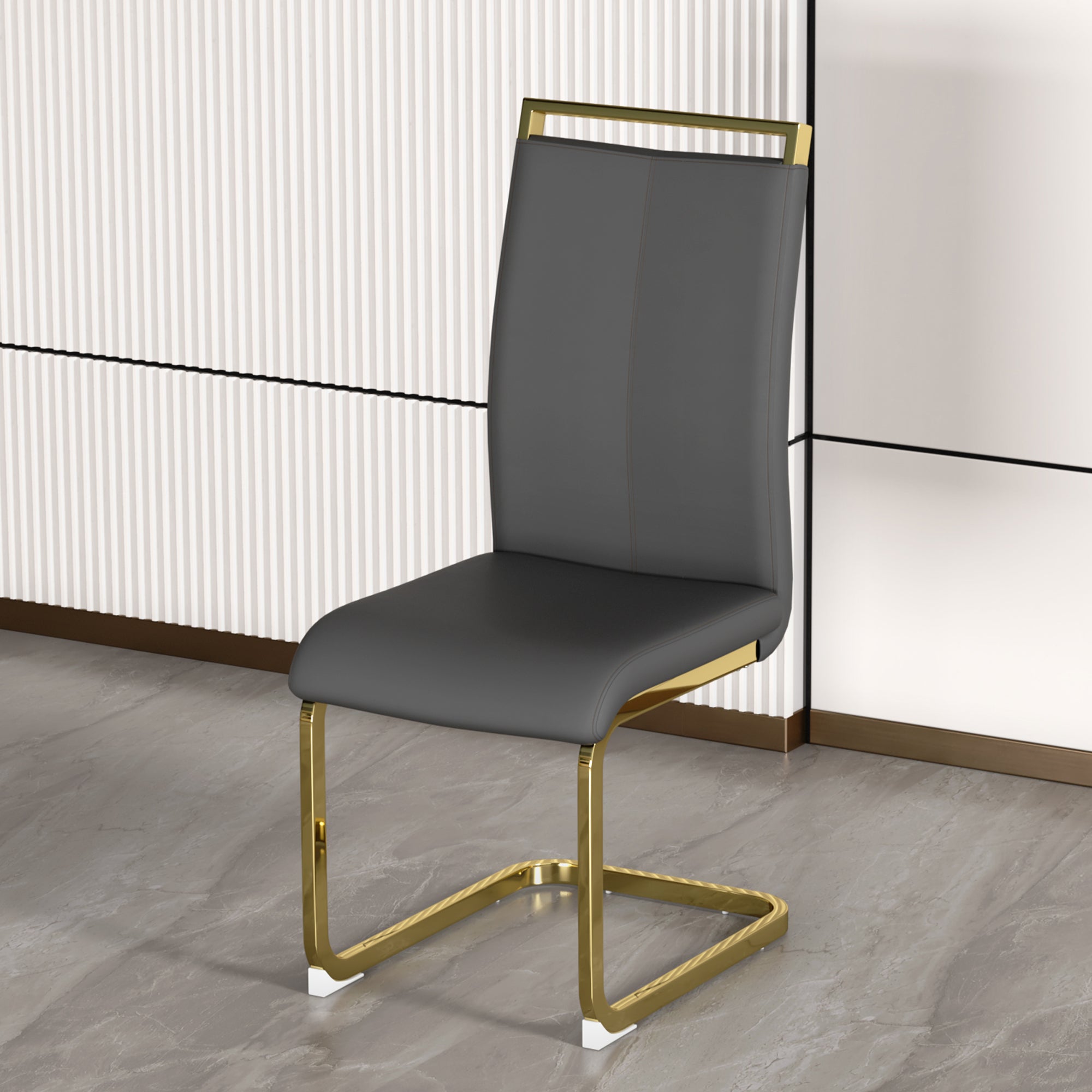 okwish 4-teiliges Freischwinger-Stuhl-Set, verchromtes Metallgestell, Esstisch und Stühle mit einer Belastbarkeit von 150 kg, rutschfeste Fußpolster, vergoldete Beine, schwarzer Kunstlederbezug