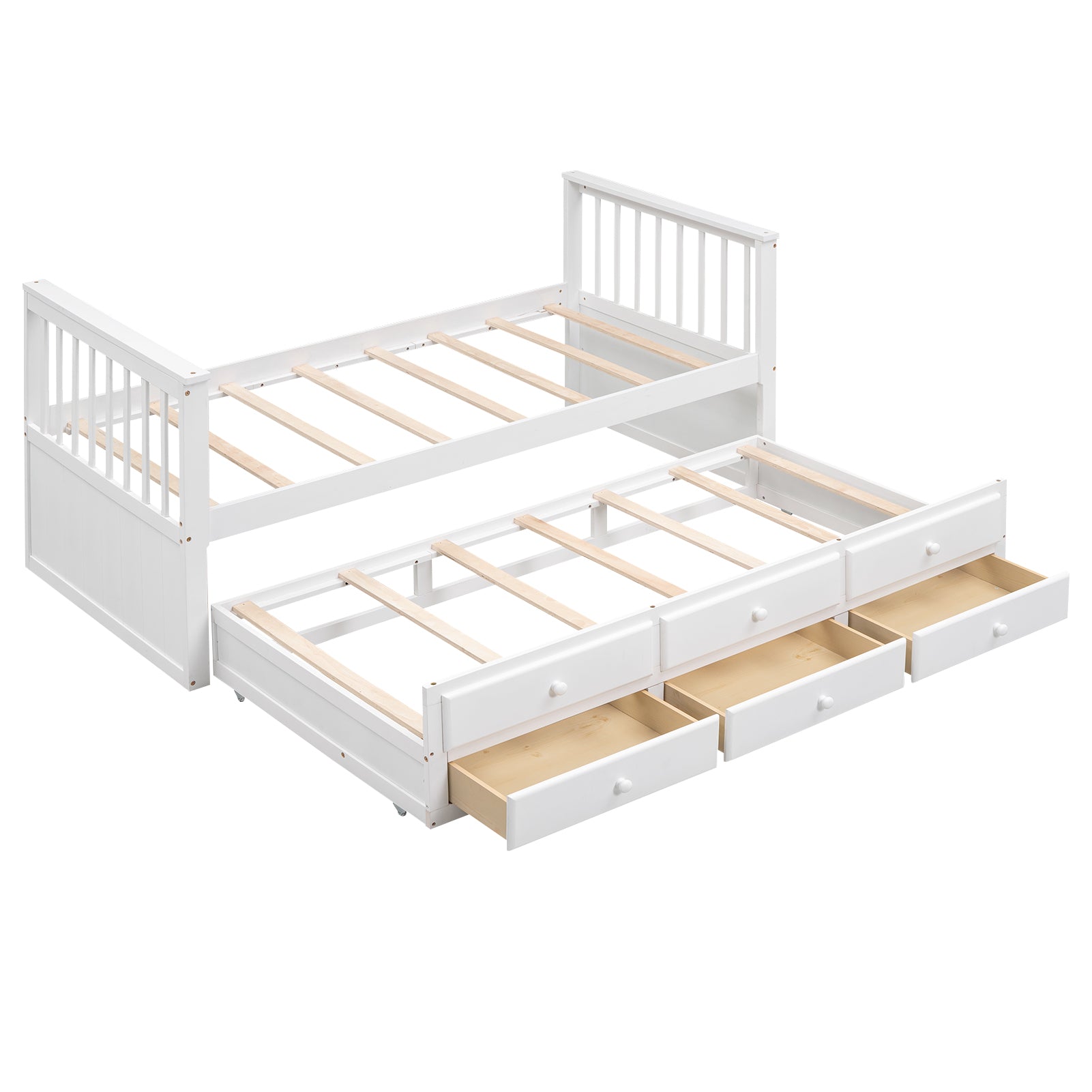 okwish Kinderbett 90x200 cm, klassisches Tagesbett, Massivholzbett mit Ausziehbett, 3 Schubladen zur Aufbewahrung, weiß
