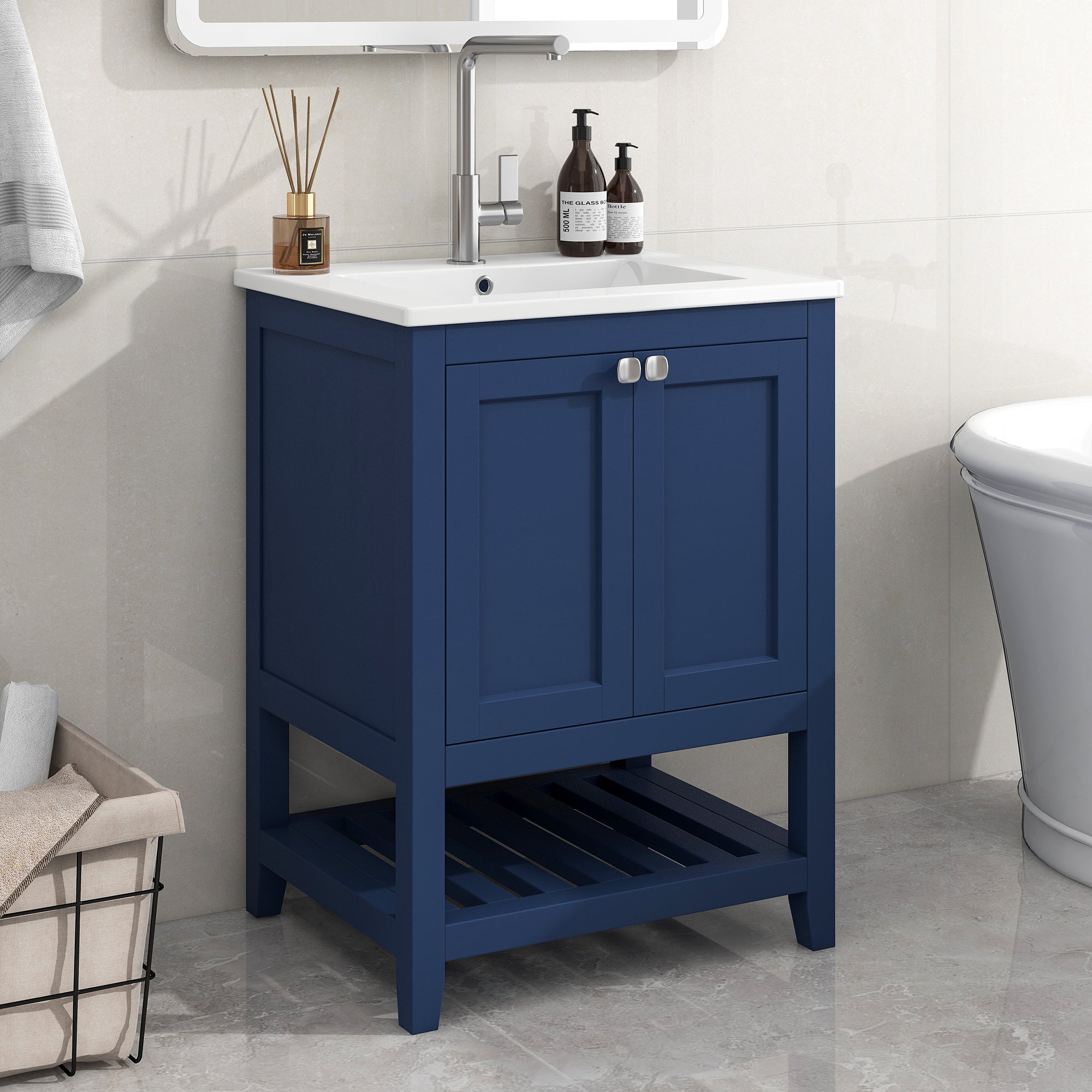 okwish Badezimmerwaschbecken 61*46*90 cm, bodenstehendes Badezimmer-Waschtischmöbel, Einzelwaschbecken mit Unterschrank, mit Keramikwaschbecken, Blau