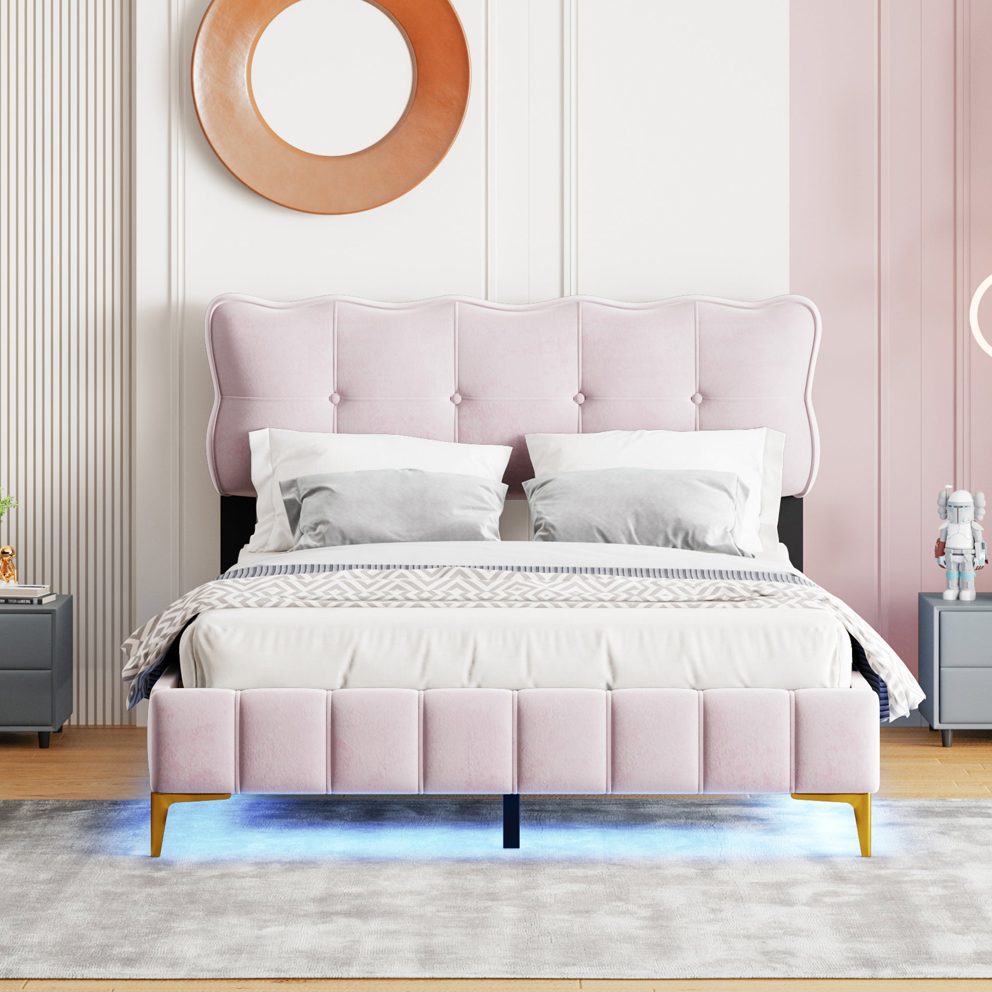 okwish LED Polsterbett 140 x 200 cm, Jugendbett, Doppelbett mit Rückenlehne, mit Lattenrost, Samtstoff, hohe Metallfüße, rosa (ohne Matratze)