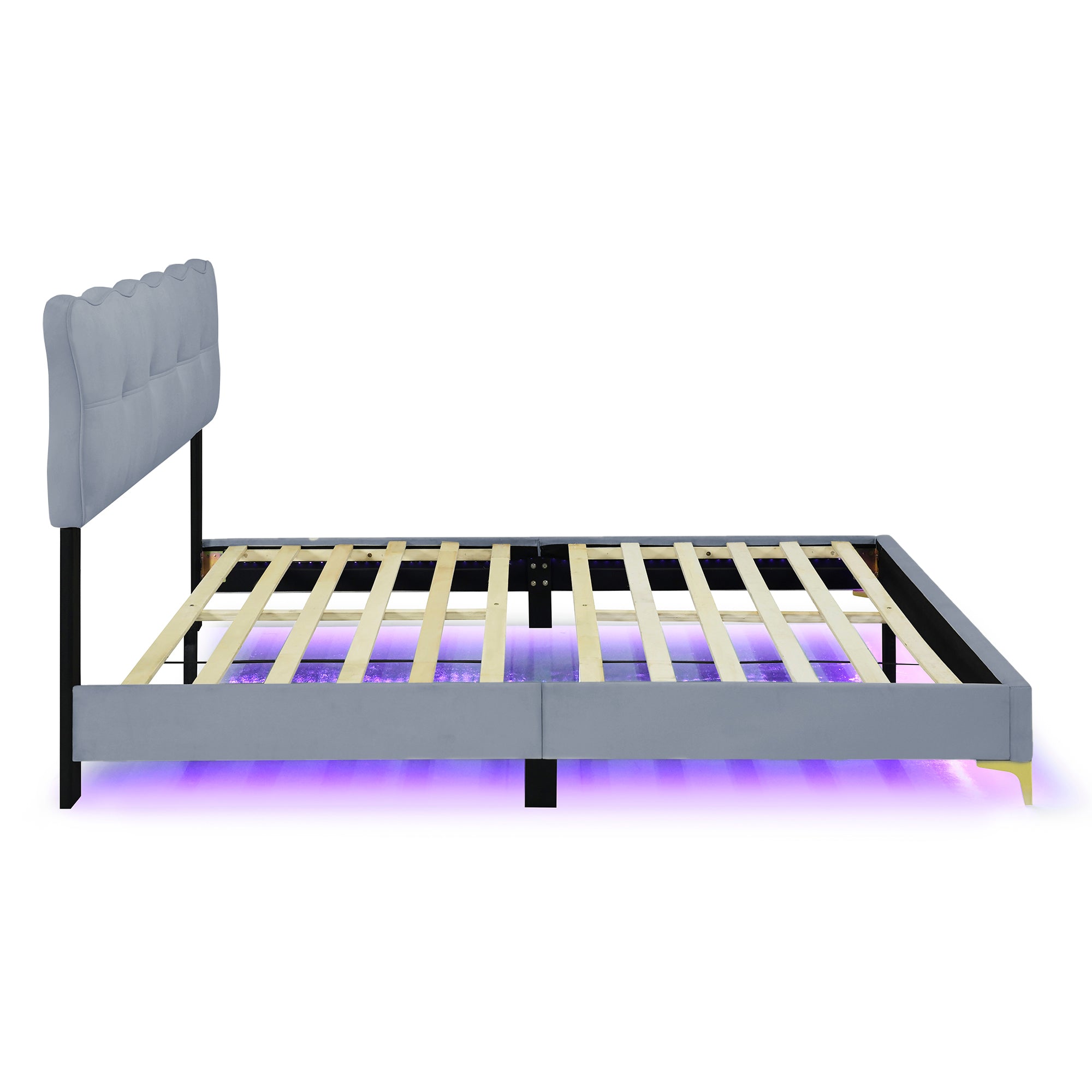 okwish LED Polsterbett 160 x 200 cm, Jugendbett, Doppelbett mit Rückenlehne, mit Lattenrost, Samtstoff, hohe Metallfüße, grau (ohne Matratze)
