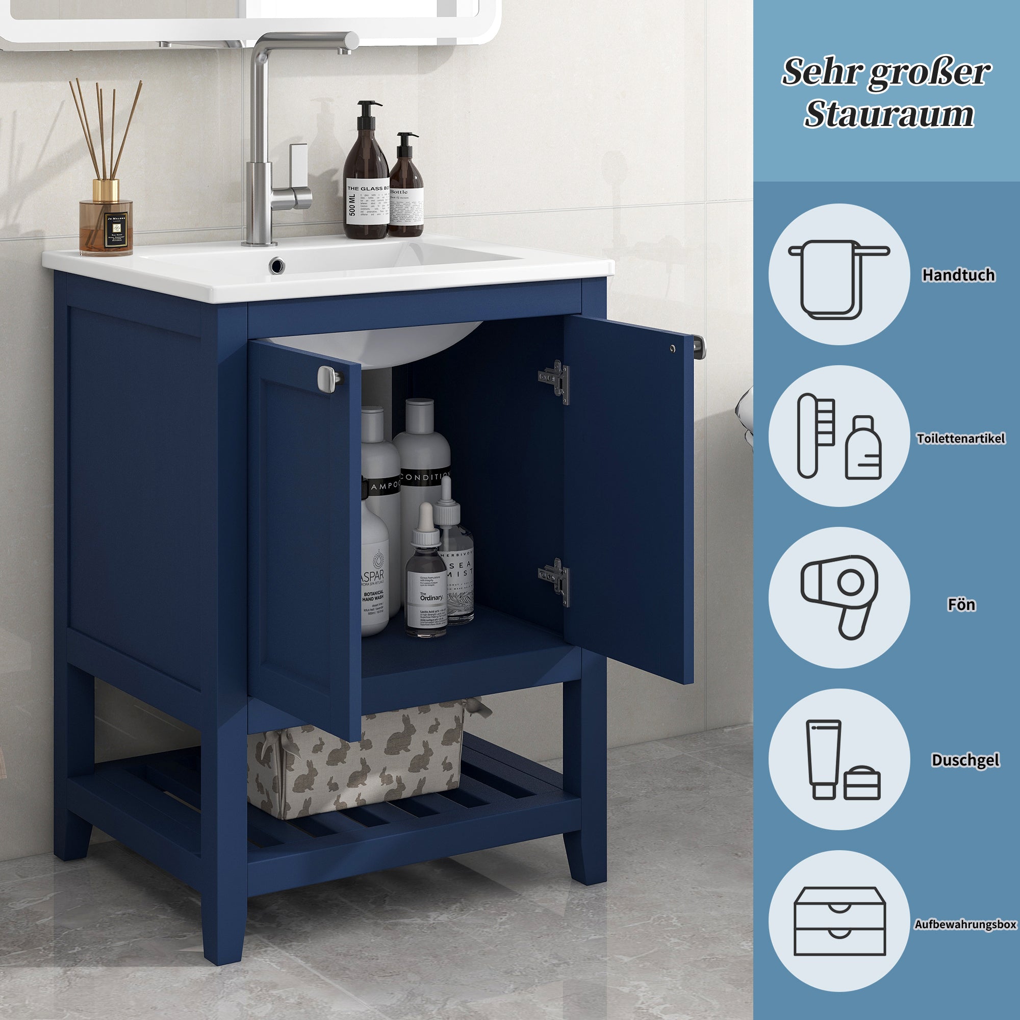 okwish Badezimmerwaschbecken 61*46*90 cm, bodenstehendes Badezimmer-Waschtischmöbel, Einzelwaschbecken mit Unterschrank, mit Keramikwaschbecken, Blau