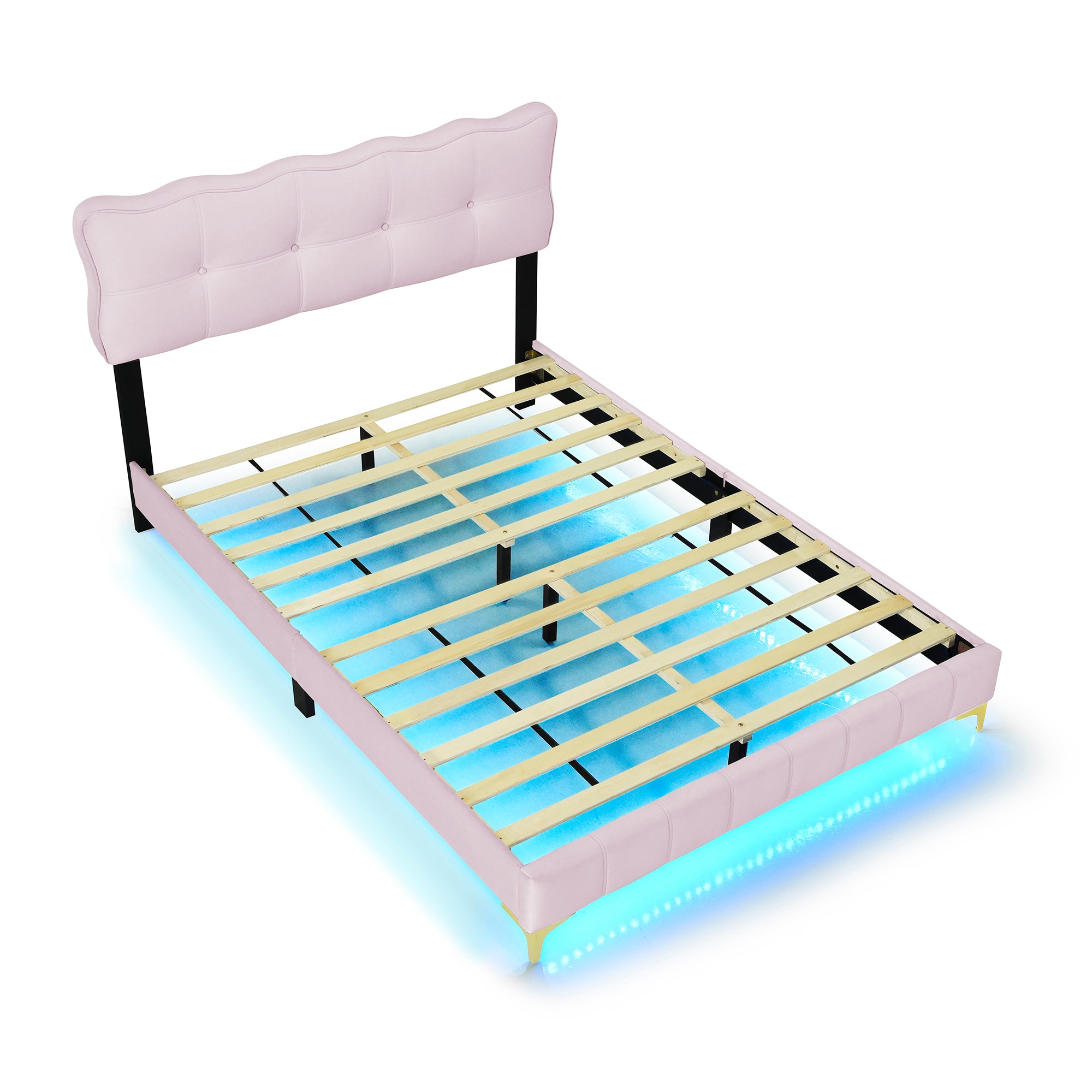 okwish LED Polsterbett 140 x 200 cm, Jugendbett, Doppelbett mit Rückenlehne, mit Lattenrost, Samtstoff, hohe Metallfüße, rosa (ohne Matratze)